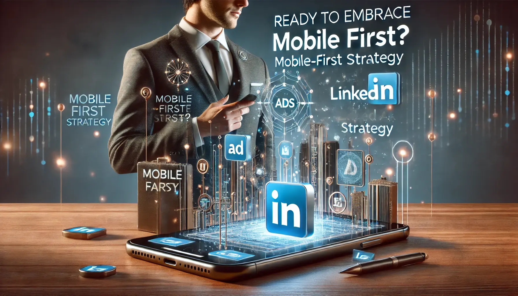 A mobile phone displaying LinkedIn ads optimized for a mobile-first strategy, with a professional ready to take action.