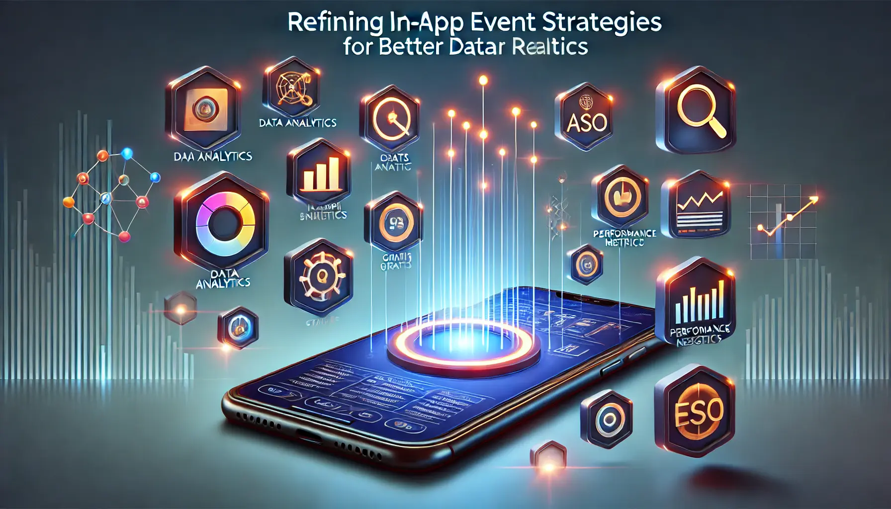 A smartphone displaying glowing icons of data analytics tools like charts, graphs, and performance metrics, symbolizing the refinement of event strategies using data.