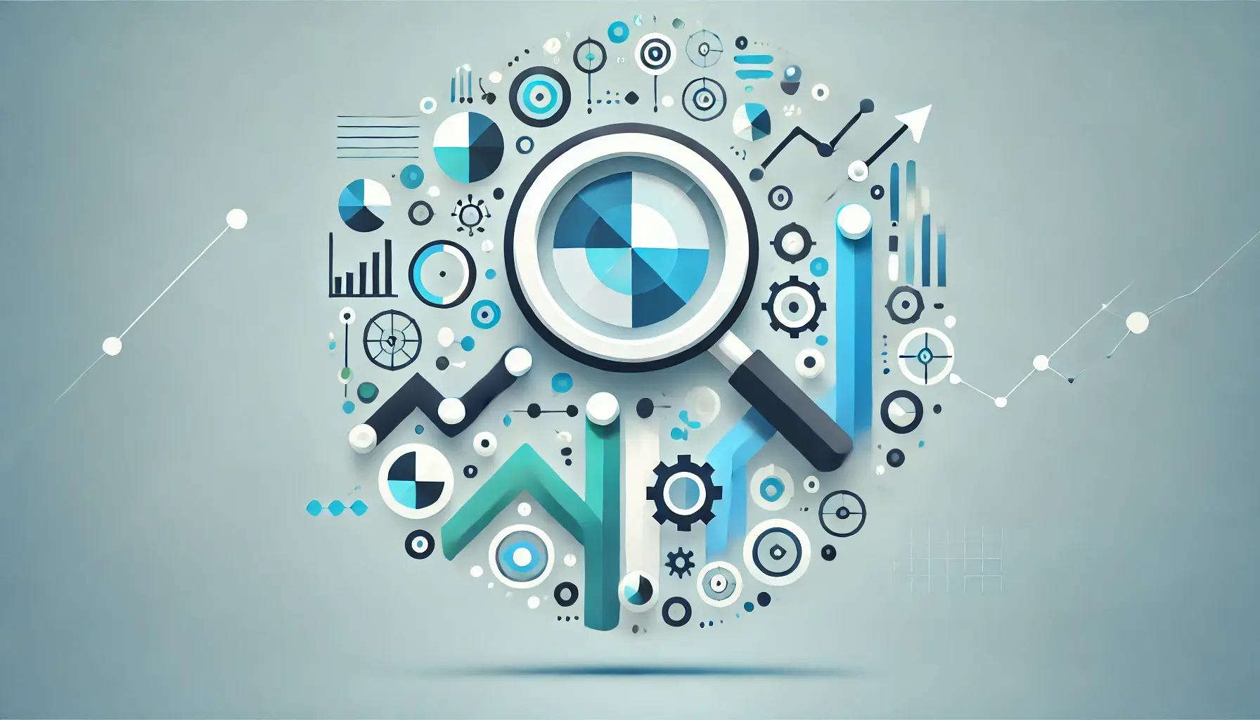 Abstract visual with magnifying glasses, keyword icons, and upward arrows representing the careful selection and optimization of keywords for improved metrics