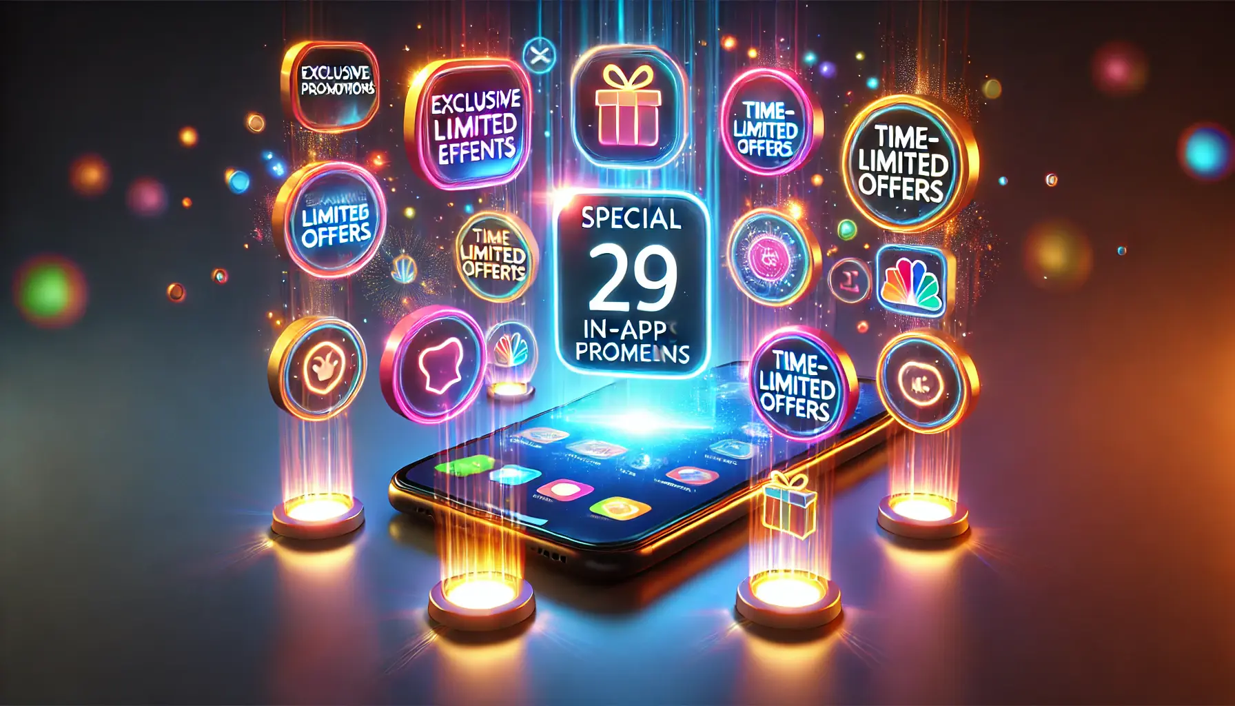 A smartphone surrounded by glowing icons representing exclusive promotions, time-limited offers, and seasonal events.