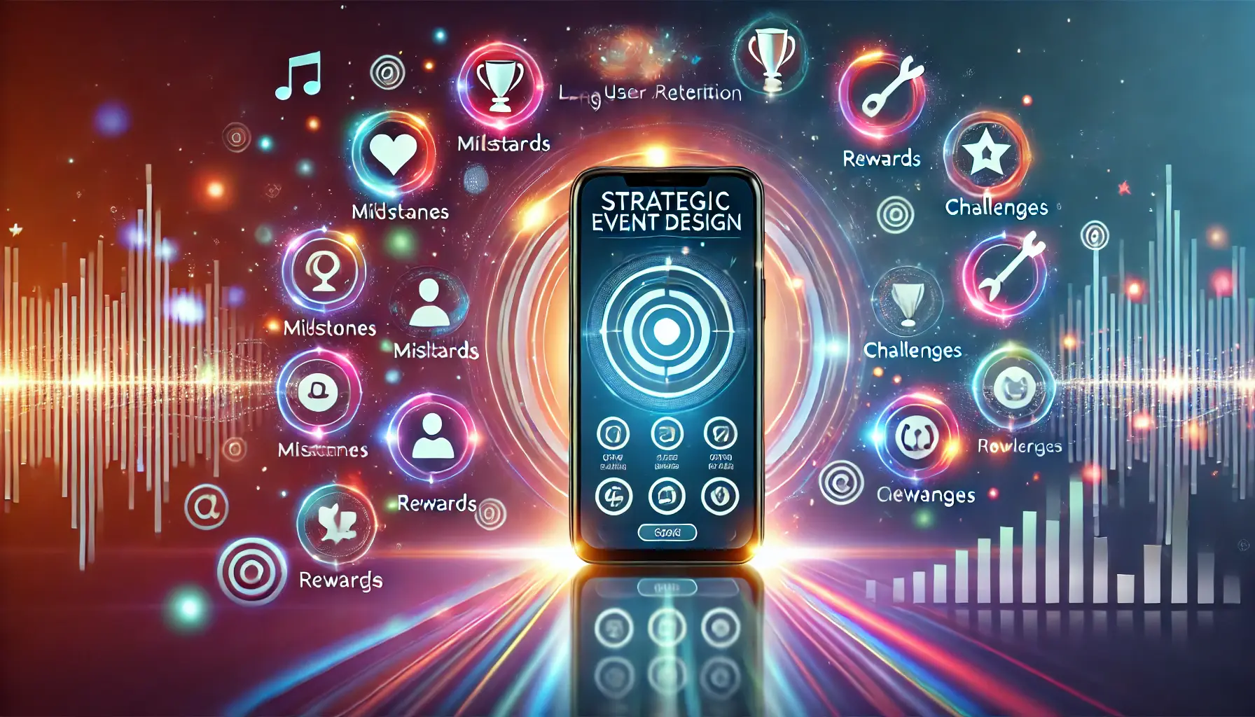 A smartphone surrounded by glowing icons representing well-planned events like milestones, rewards, and challenges, symbolizing strategic event design for user retention.