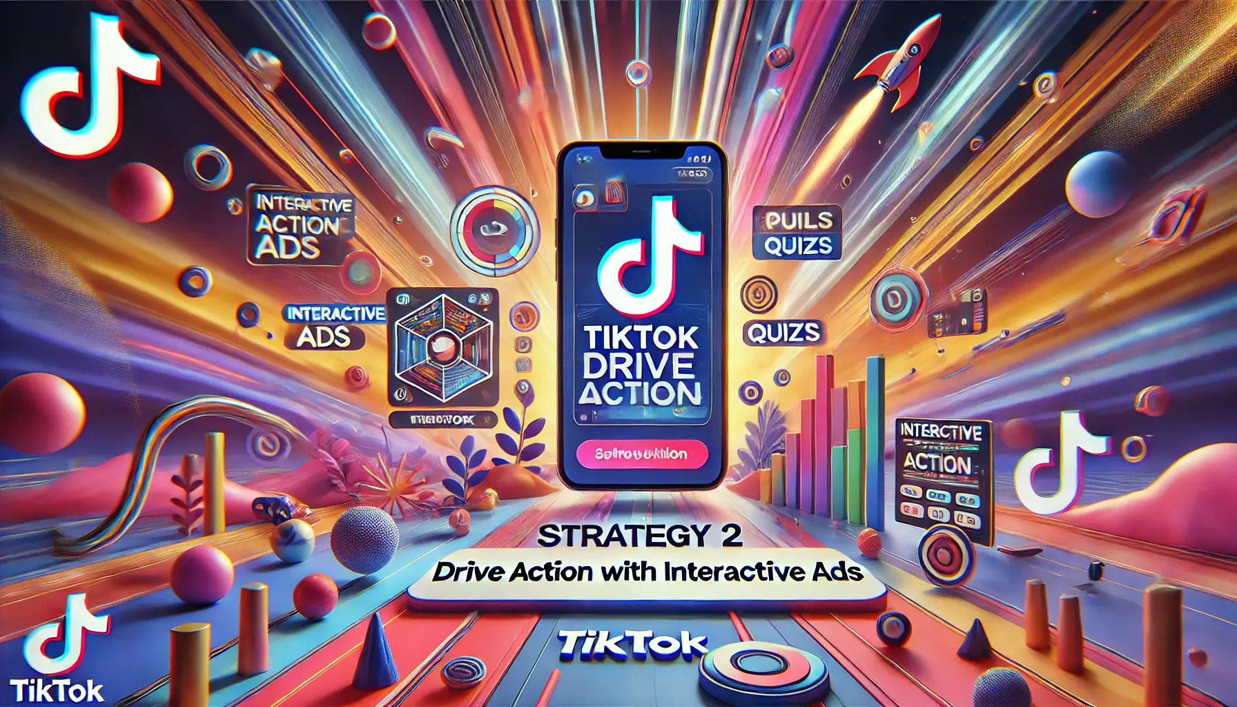 An image representing driving action with interactive ads on TikTok, featuring a smartphone screen displaying an interactive ad with elements like polls, quizzes, and mini-games, set against a vibrant and dynamic background.