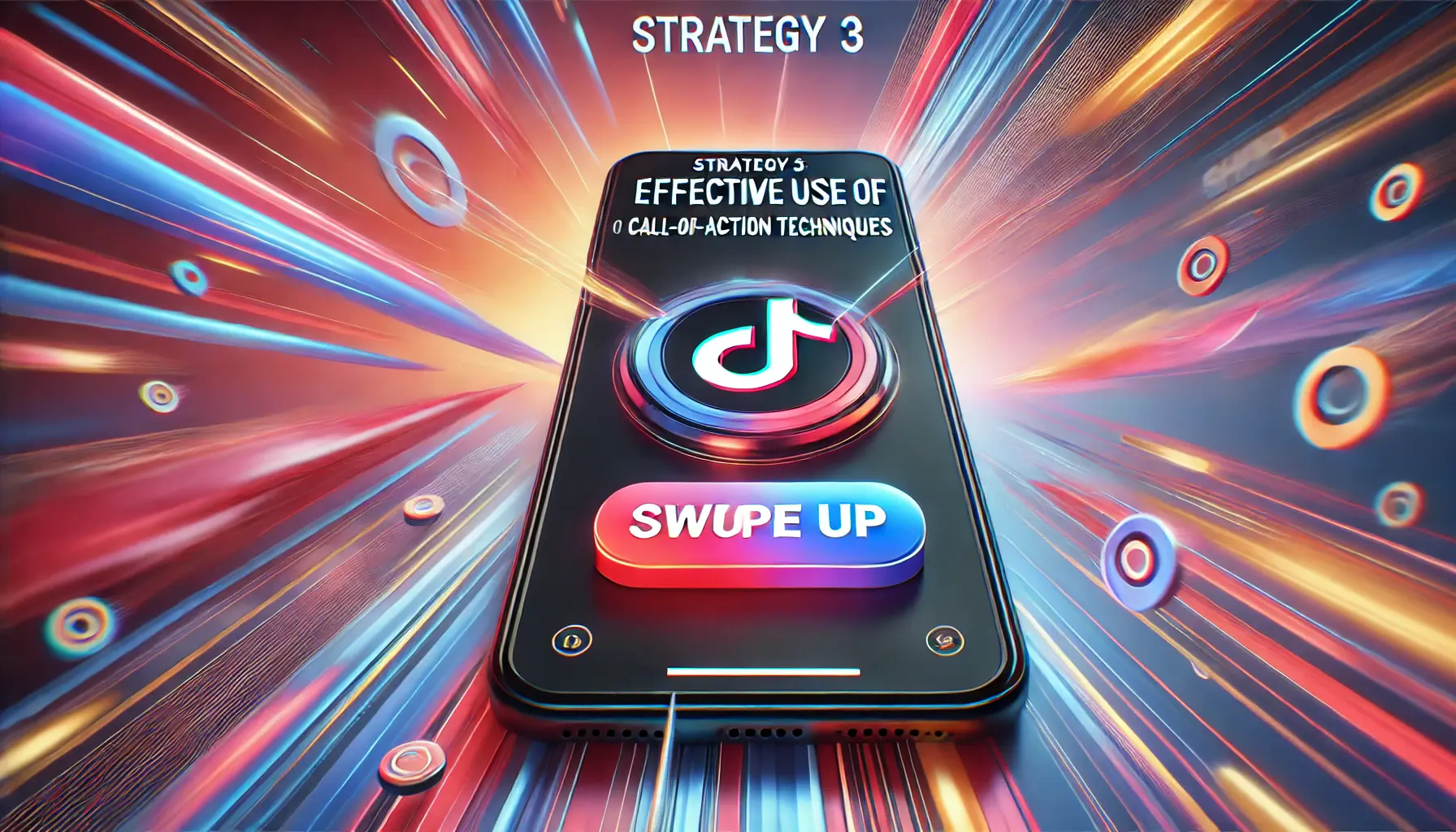 An image representing effective use of call-to-action techniques in TikTok ads, featuring a smartphone screen displaying a TikTok ad with an engaging CTA button, set against a vibrant and dynamic background.