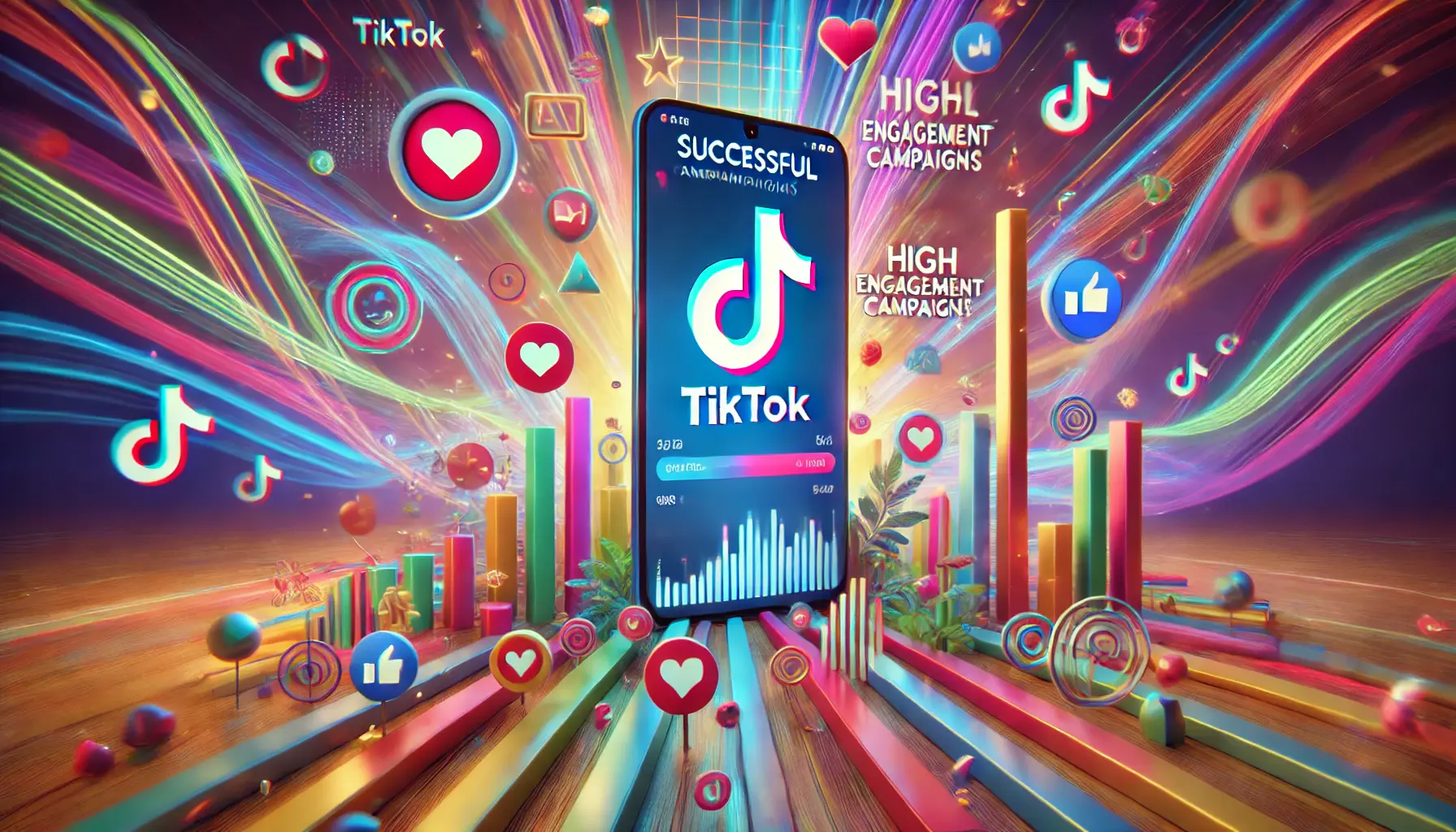 An image representing successful trend-driven campaigns on TikTok, featuring a smartphone screen displaying a highly engaging video with viral indicators like hearts and shares, surrounded by vibrant and dynamic visuals representing growth and popularity.