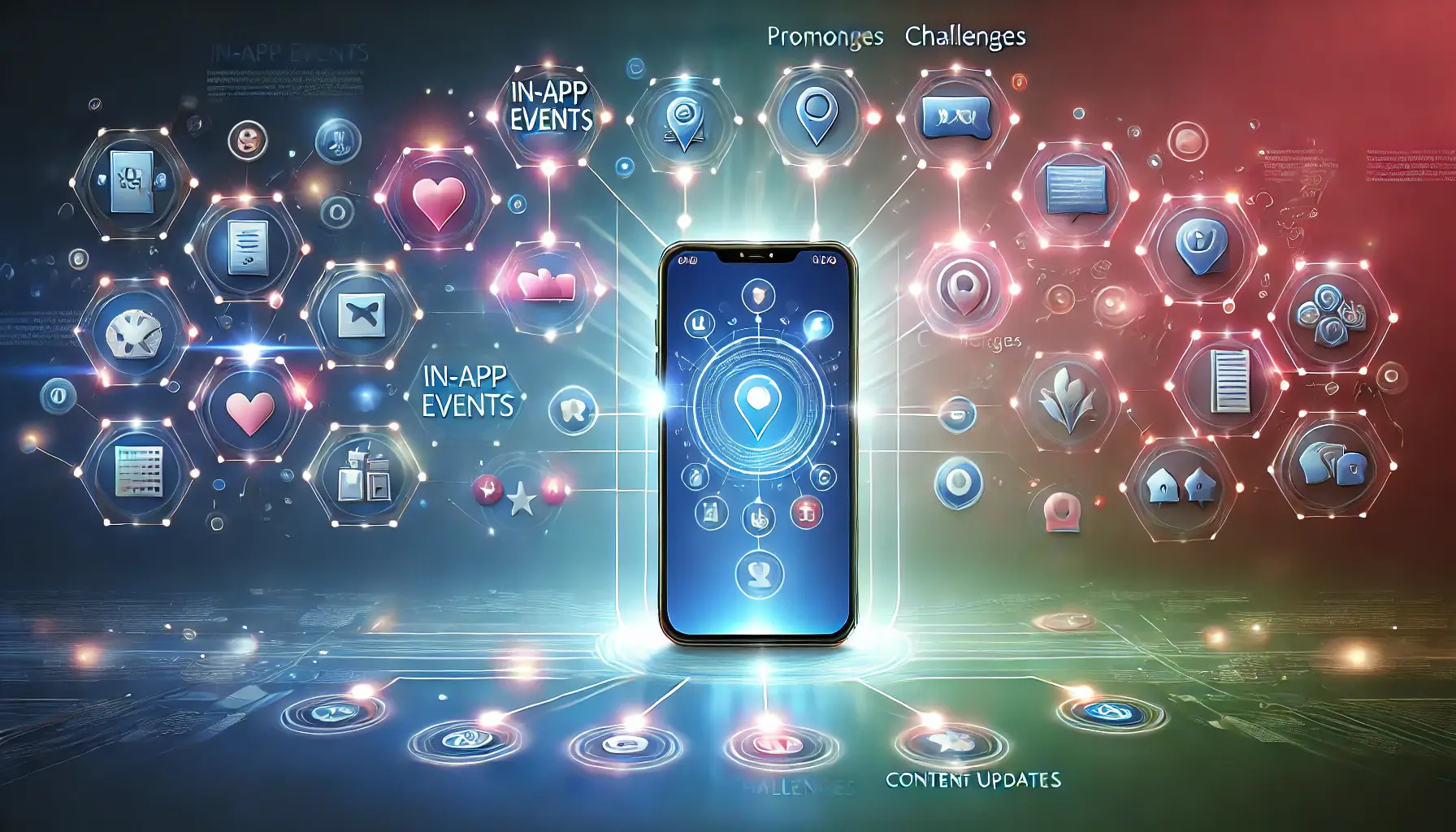 A smartphone displaying glowing icons of various in-app events such as promotions, challenges, and content updates, symbolizing organized and strategic use of in-app events.