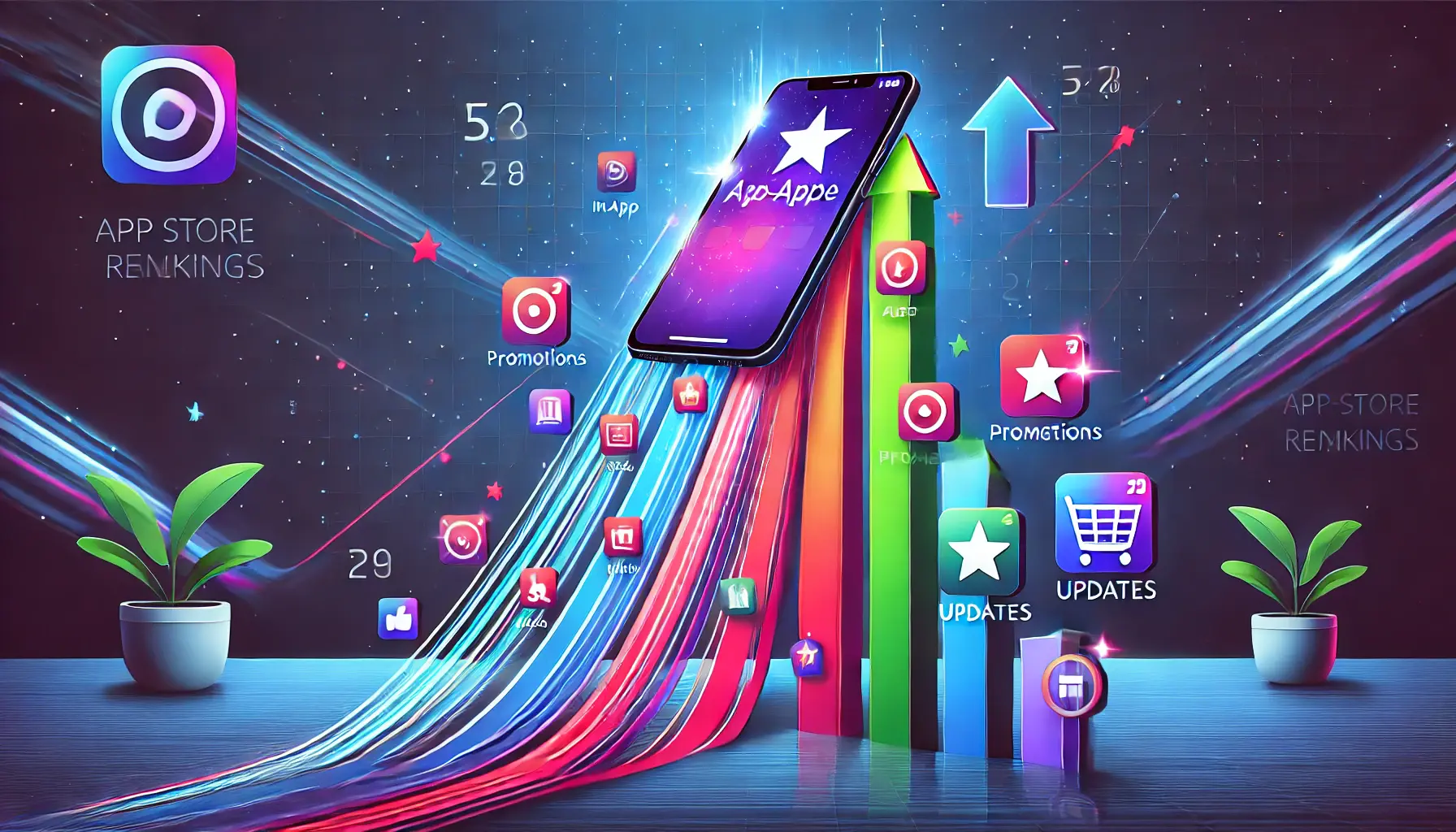 A smartphone rising through leaderboard-style rankings with vibrant icons around it representing in-app events like promotions and updates.