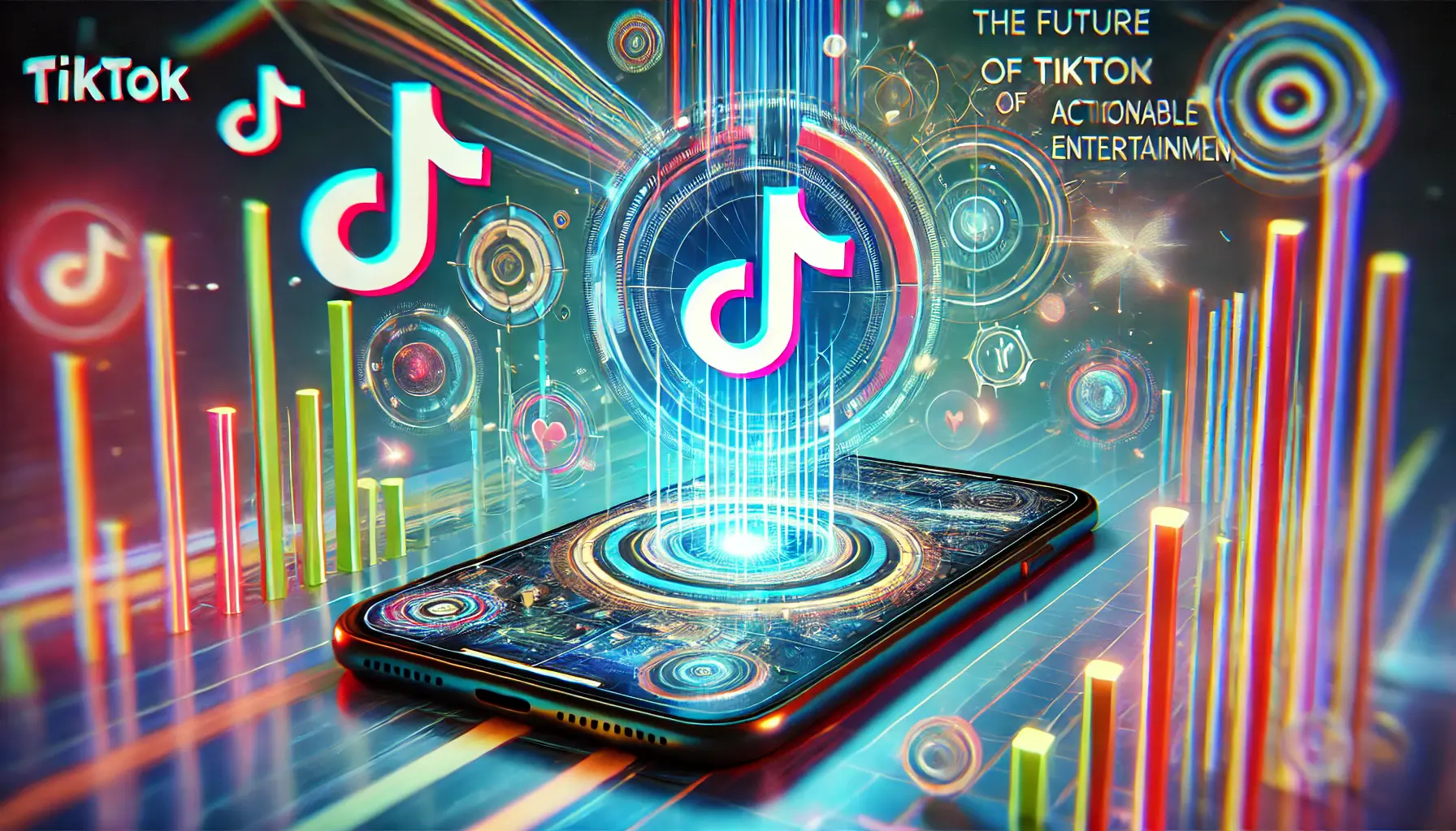 An image representing the future of actionable entertainment on TikTok, featuring a futuristic depiction of TikTok on a smartphone screen with advanced interactive features and engagement elements, set against a vibrant and dynamic background.