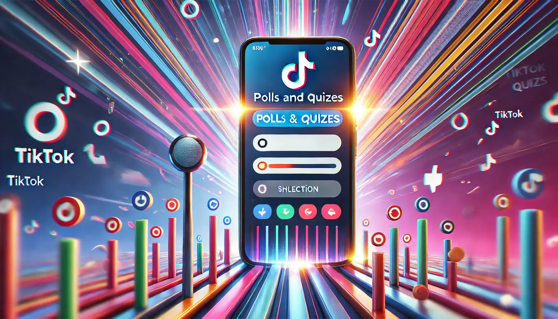 An image representing the power of interactive polls and quizzes on TikTok, featuring a smartphone screen displaying an engaging poll or quiz interface with selection buttons, set against a vibrant and dynamic background.