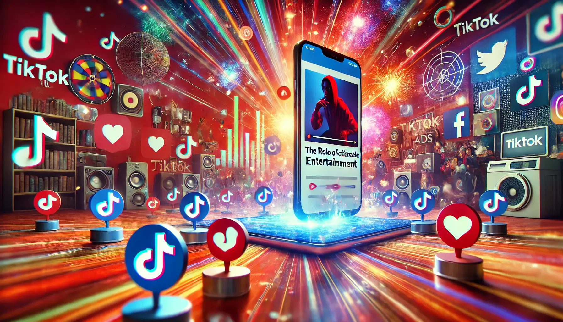 An image representing the role of actionable entertainment in engagement for TikTok ads, featuring a lively smartphone screen, social media icons in motion, and a dynamic, colorful background.