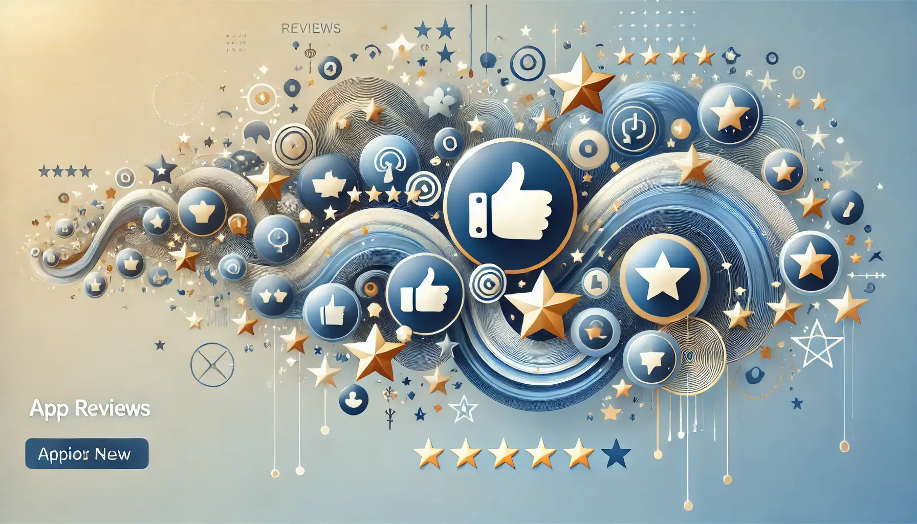 Abstract visual showing stars, thumbs-up icons, and user interaction symbols flowing together to represent the impact of reviews on app rankings