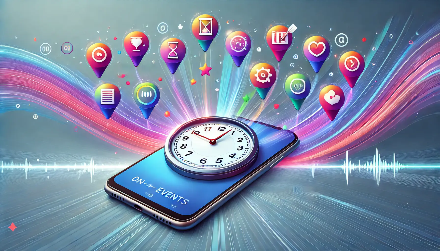 A smartphone surrounded by vibrant icons representing in-app events like promotions and challenges, connected to a dynamic clock symbolizing the importance of timing.