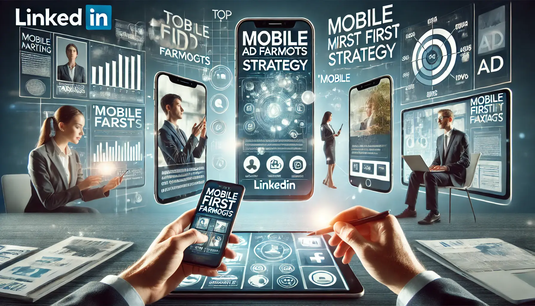 A visual representation of mobile ad formats on LinkedIn, showing single image and video ads on smartphones in a business setting.