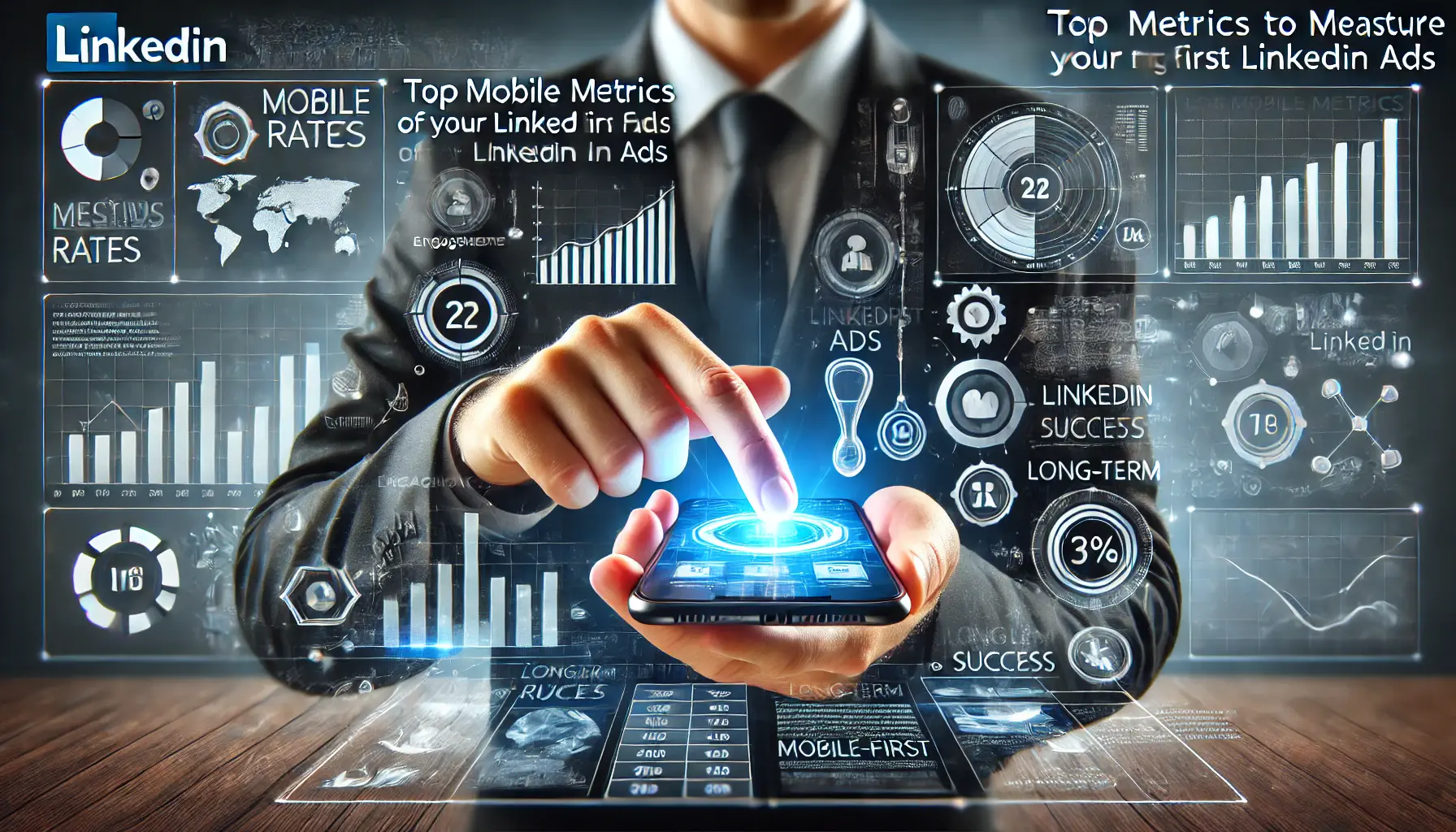 A mobile phone displaying key performance metrics for LinkedIn ads, such as engagement and click-through rates, analyzed by a professional.