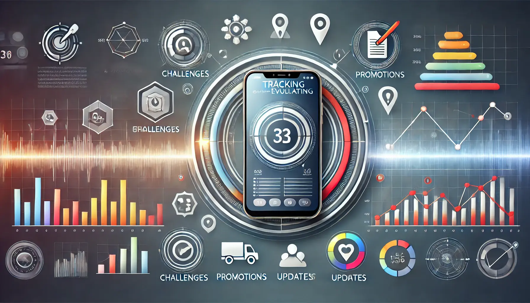 A smartphone surrounded by dynamic icons representing in-app events, with charts, progress bars, and analytics symbols indicating performance tracking.