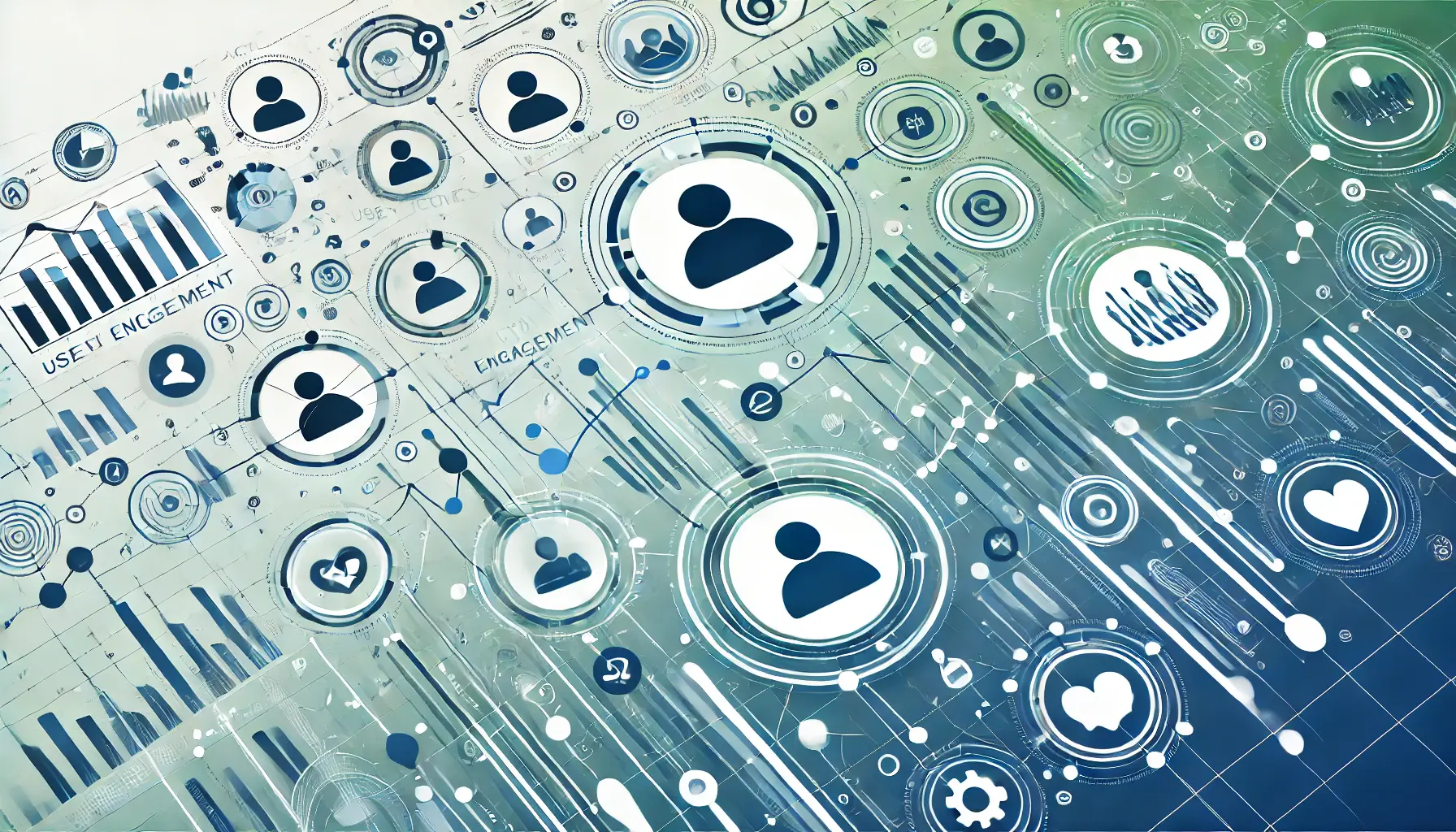 Abstract visual with user icons, activity graphs, and interaction lines symbolizing the tracking and analysis of user engagement