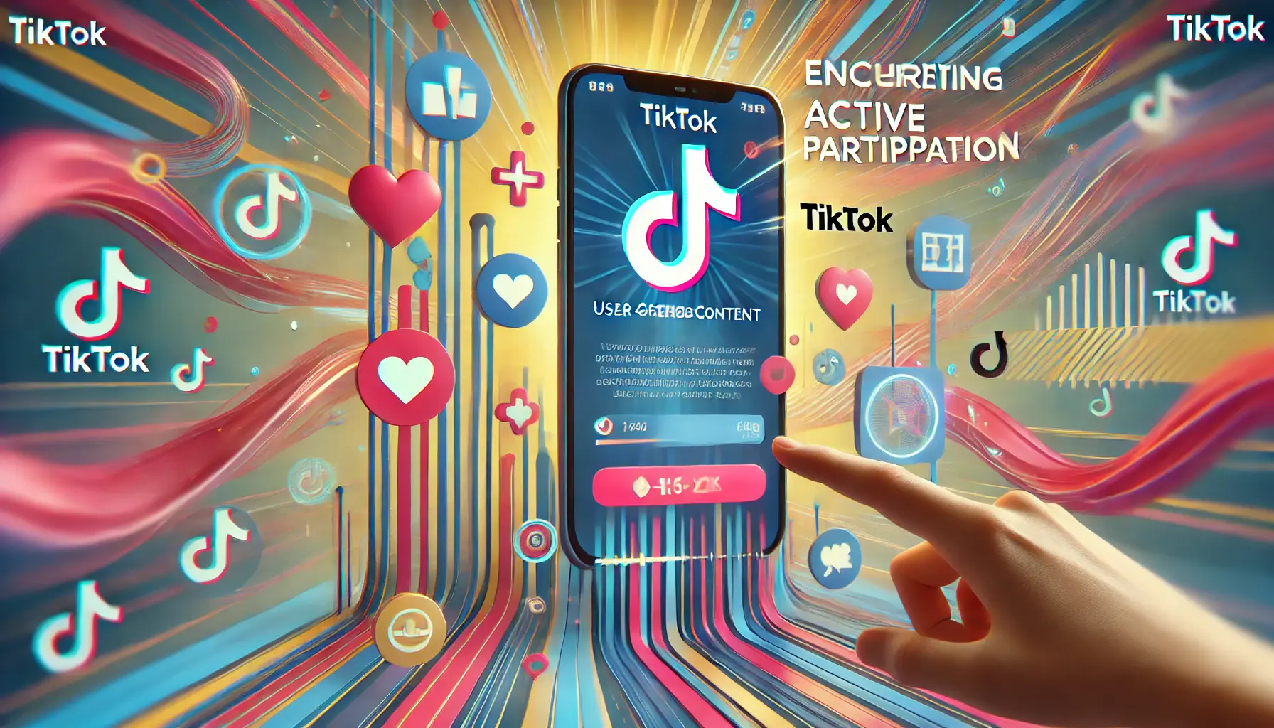 An image representing user-generated content on TikTok, featuring a smartphone screen displaying TikTok videos with engagement elements like hearts, shares, and comments, set against a vibrant and dynamic background.