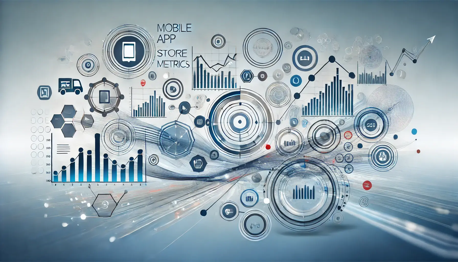 Abstract visual representation of mobile app store metrics with interconnected data points, circles, and arrows