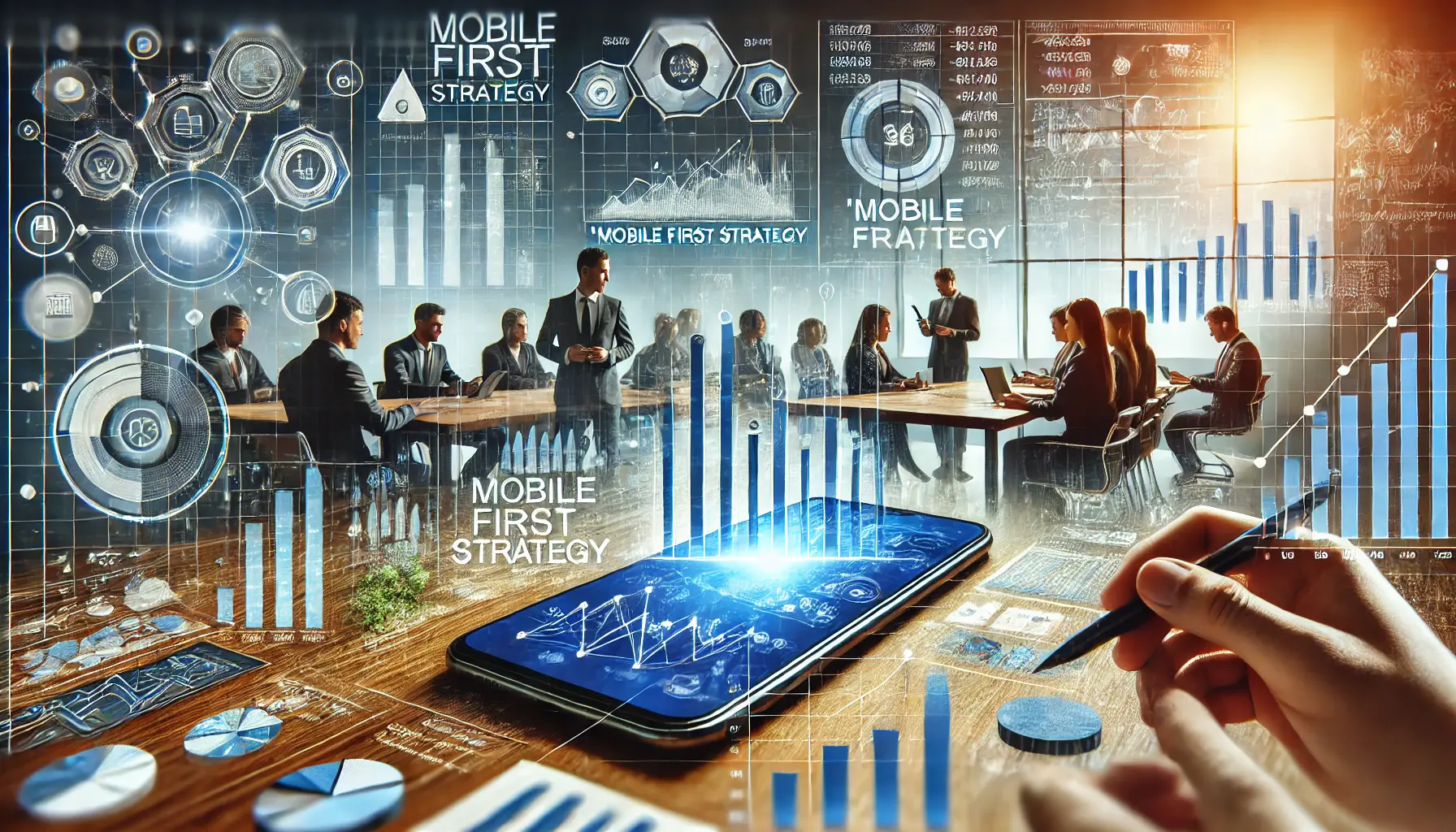 An abstract representation of mobile ad performance analysis, showing graphs and charts on mobile screens being analyzed by professionals.