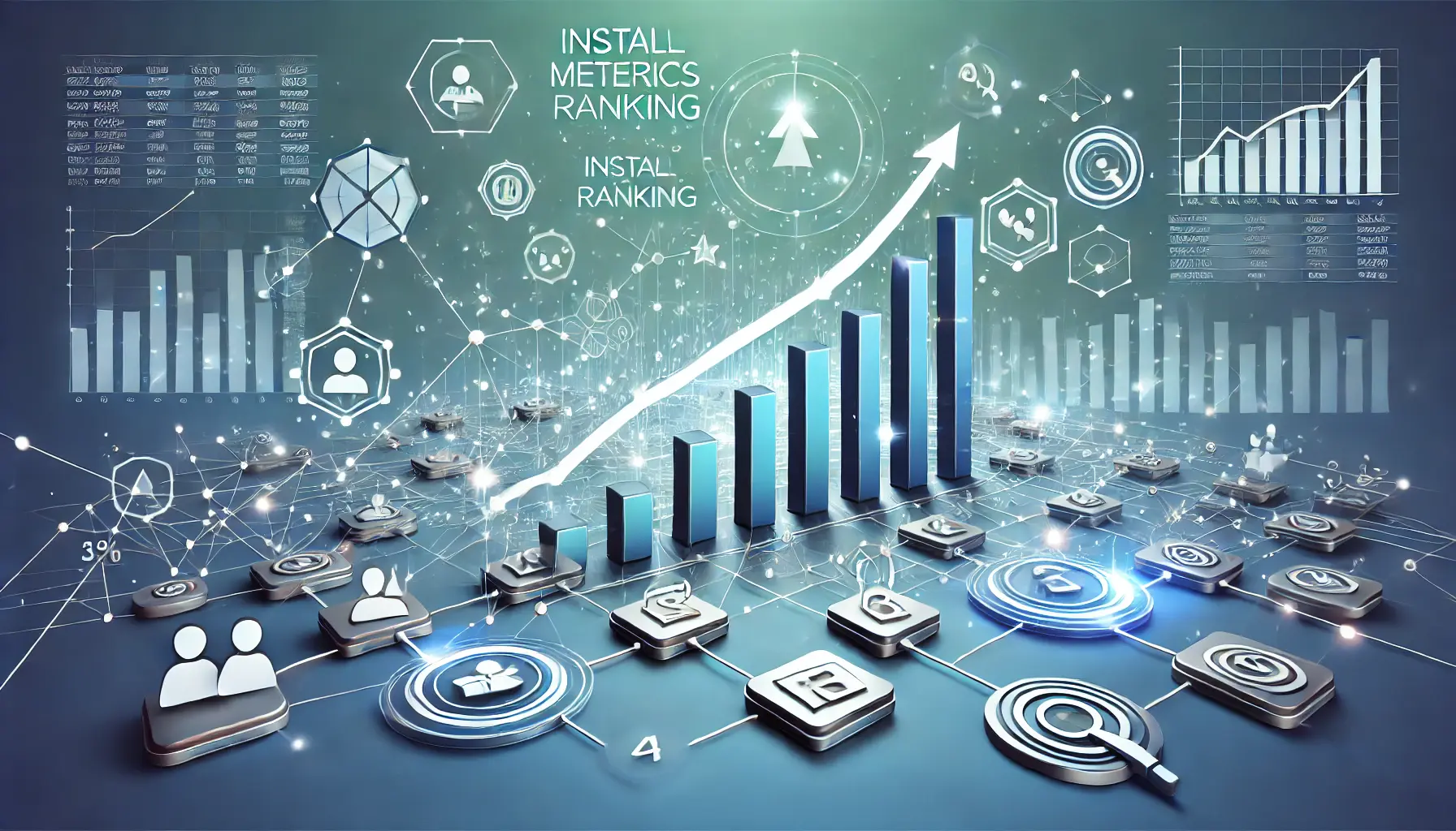 Abstract representation of install metrics influencing app ranking with interconnected arrows, app icons, and ranking indicators