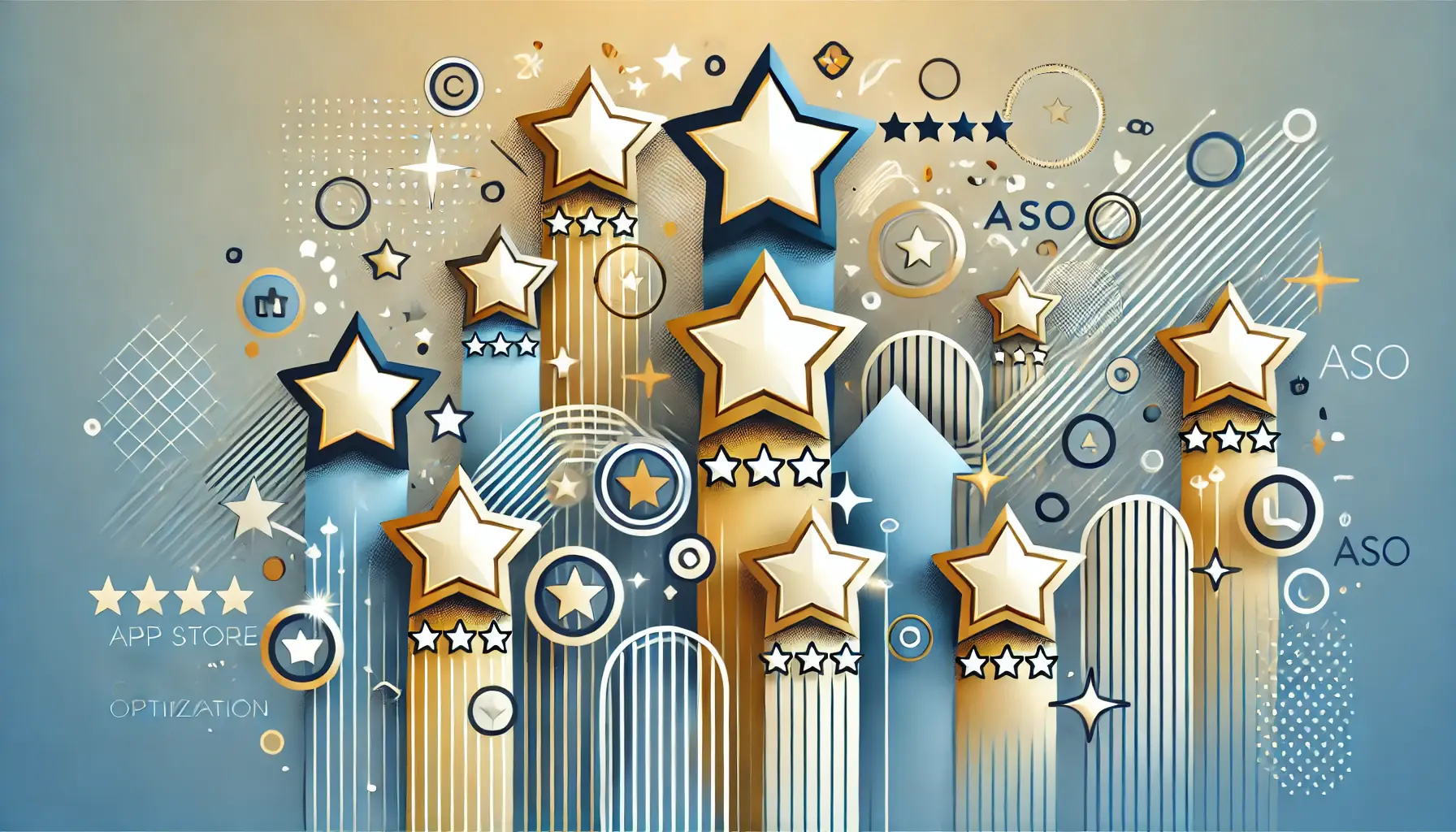 Abstract visual with star icons and upward arrows symbolizing the positive impact of high ratings on app visibility and success