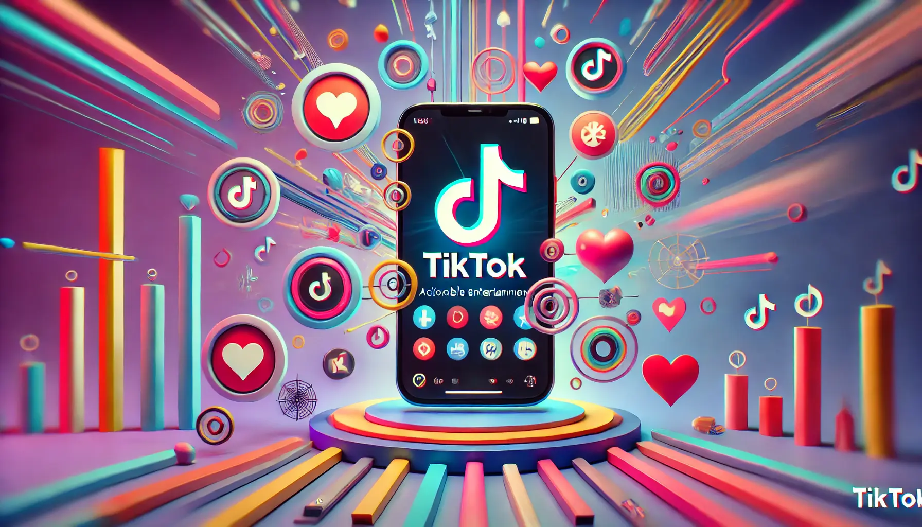 An image representing why TikTok is ideal for actionable entertainment, featuring a smartphone displaying the TikTok app with short-form videos, interactive icons, and a colorful, trendy background filled with abstract shapes.