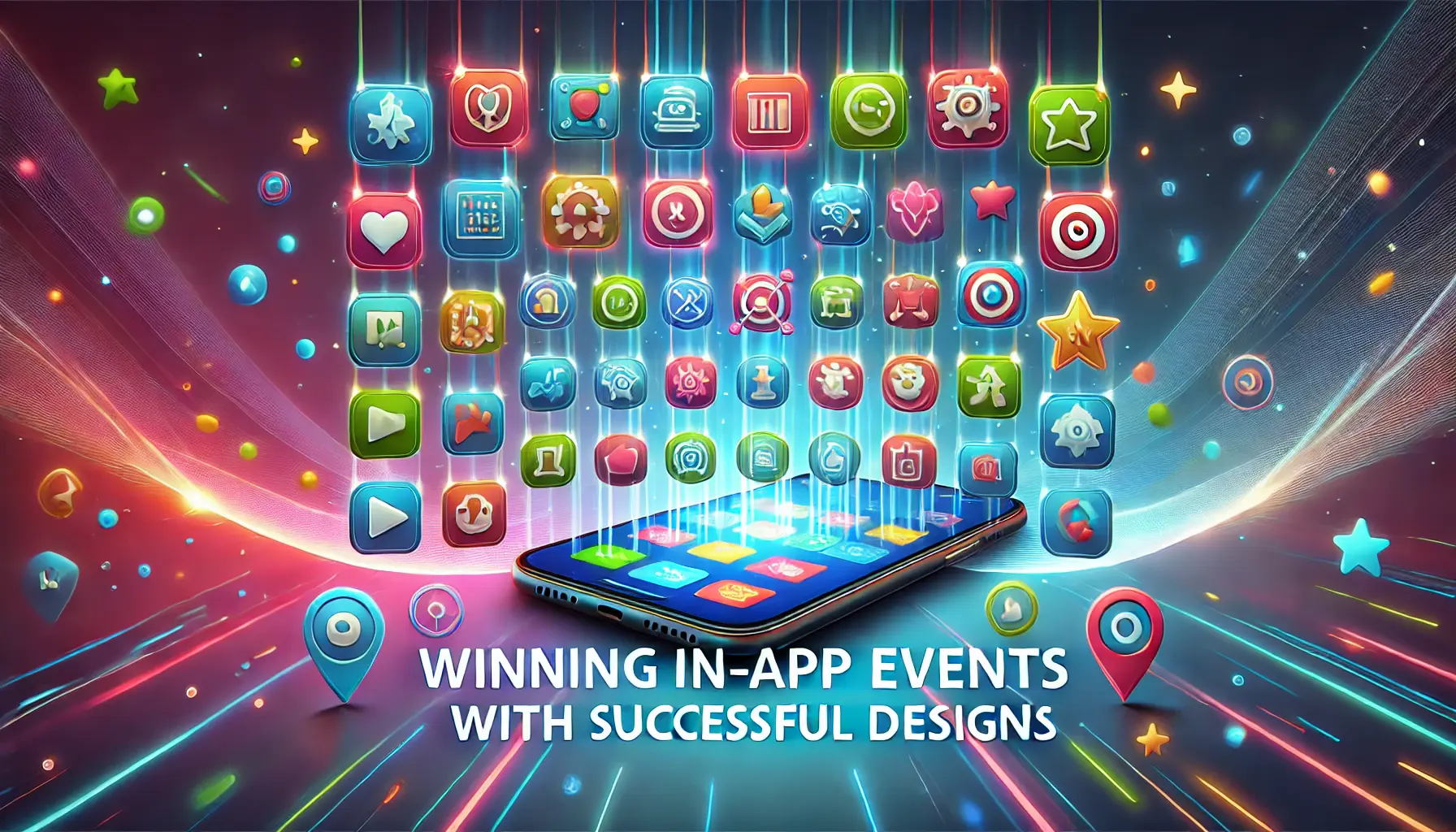 A smartphone surrounded by vibrant, glowing icons representing limited-time challenges, new features, and interactive content, symbolizing successful in-app event designs.