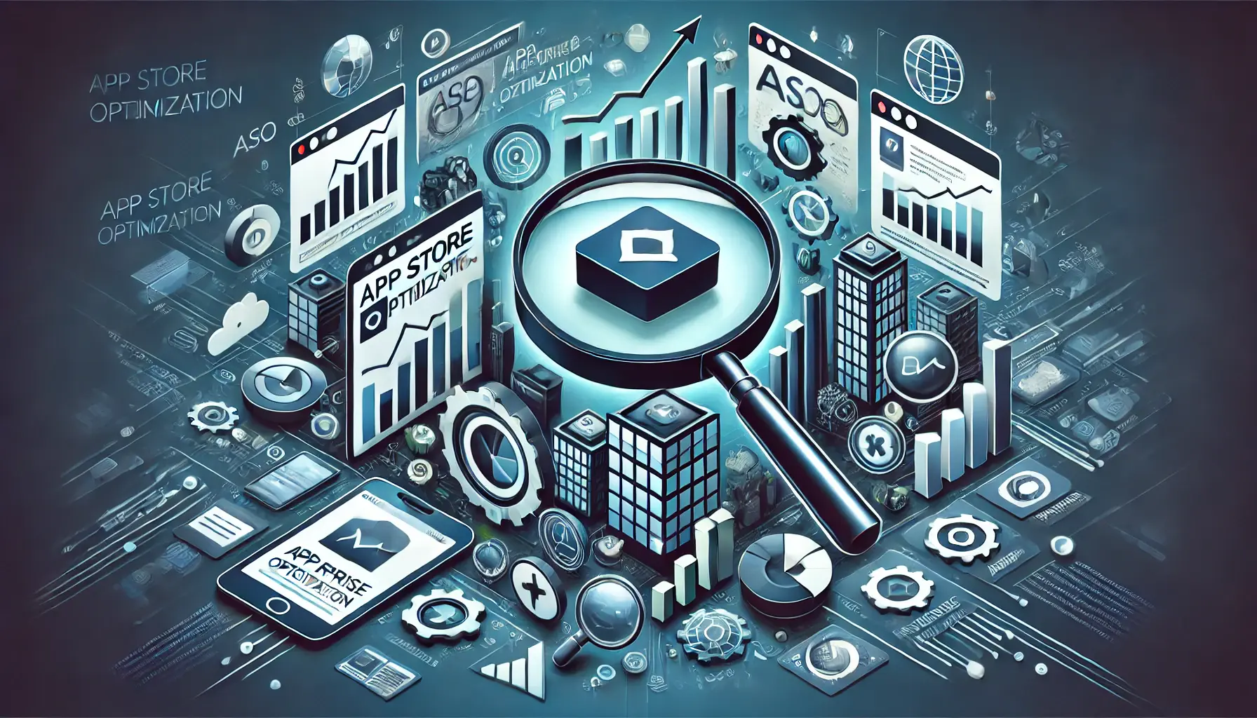 Symbolic depiction of a business app surrounded by digital elements like magnifying glasses, search icons, and growth indicators, emphasizing discoverability, visibility, and ranking in the context of ASO.