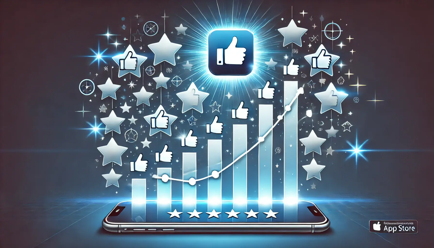 An app rising on a ranking chart surrounded by positive review icons and star ratings, symbolizing increased app visibility.