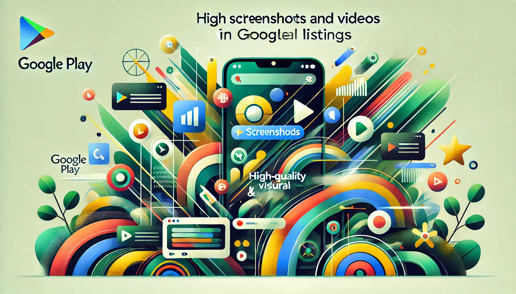 Abstract depiction highlighting the importance of screenshots and videos in Google Play listings.