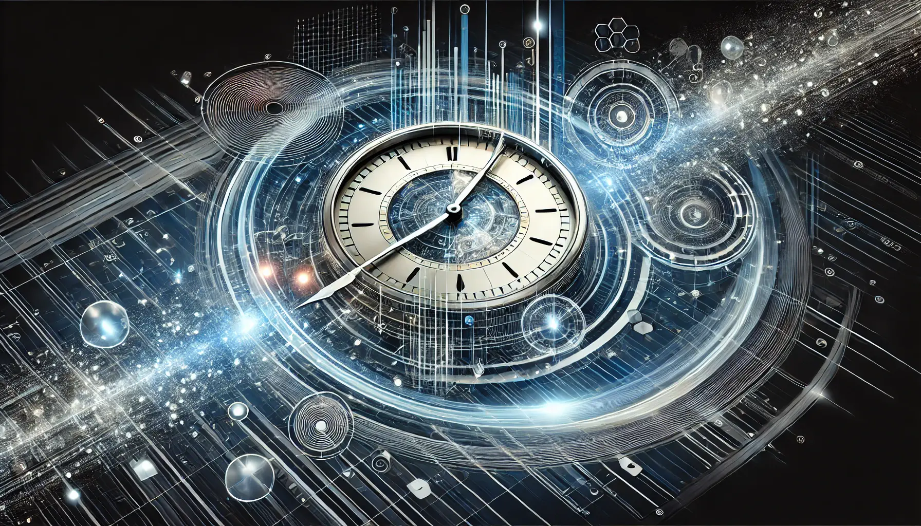 Abstract image representing the importance of timing in a digital context with clocks and glowing data streams.