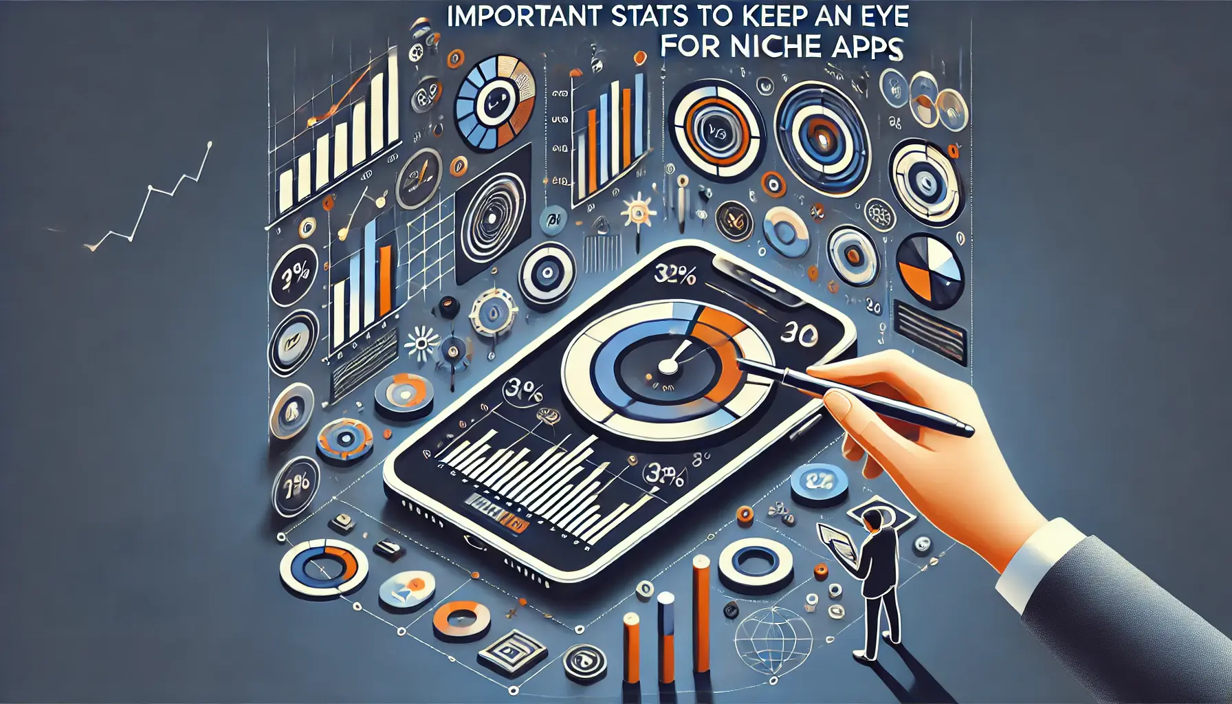 An image illustrating the concept of tracking important statistics for niche apps, featuring charts, graphs, or data points focused on key metrics.