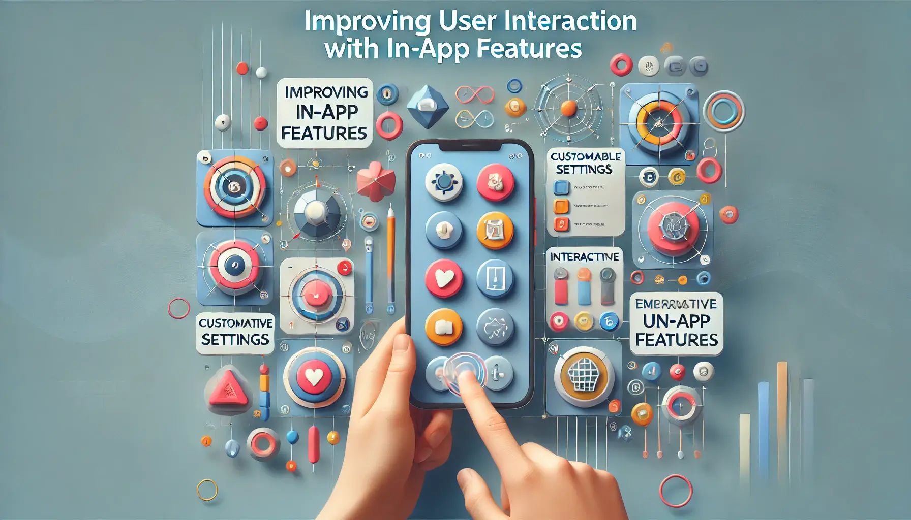 A smartphone showcasing interactive in-app features such as customizable settings and gamification elements, set against an abstract background symbolizing engagement and connectivity.