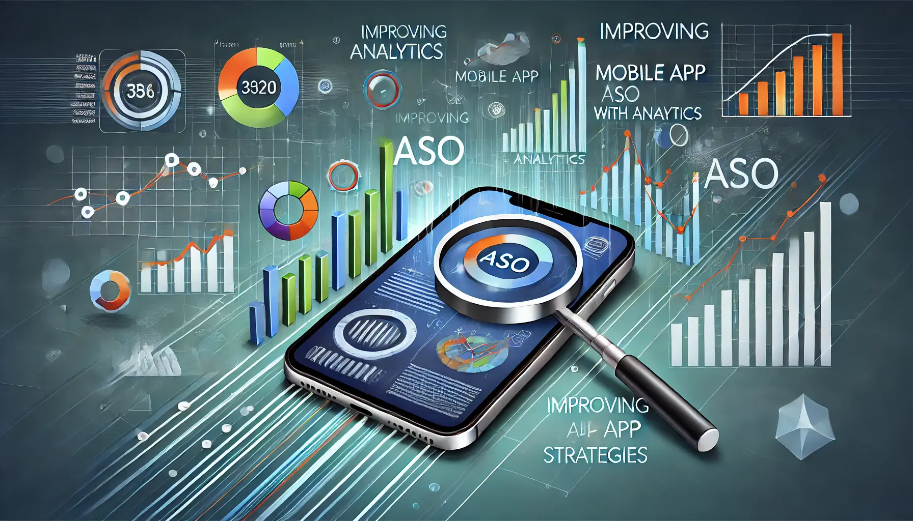 Abstract representation of improving mobile app ASO with analytics, featuring a mobile device displaying app analytics data like graphs and charts