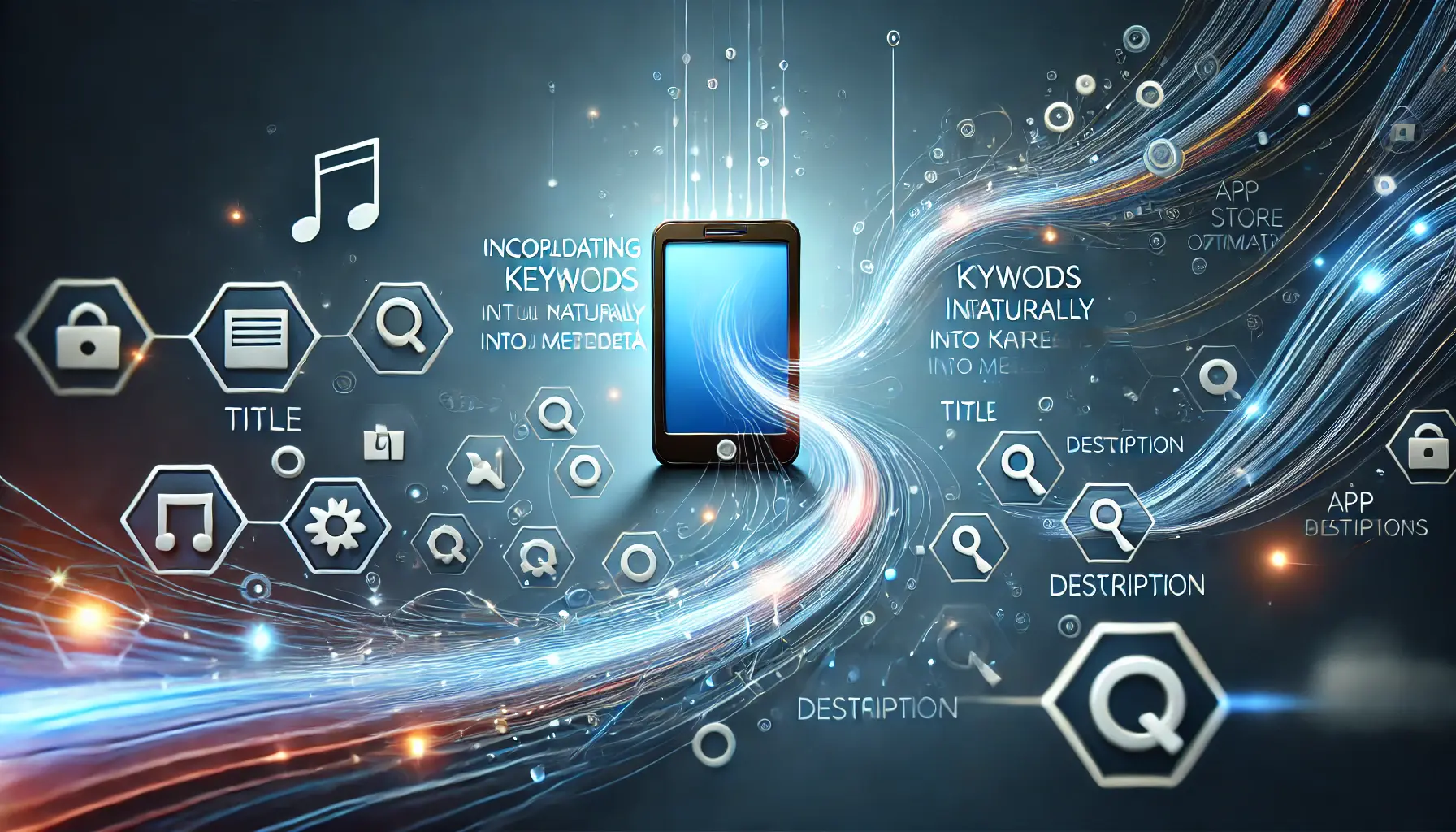 An image depicting a smartphone with digital elements flowing smoothly into it, symbolizing the natural integration of keywords into an app's metadata, with icons representing title, description, and ratings.