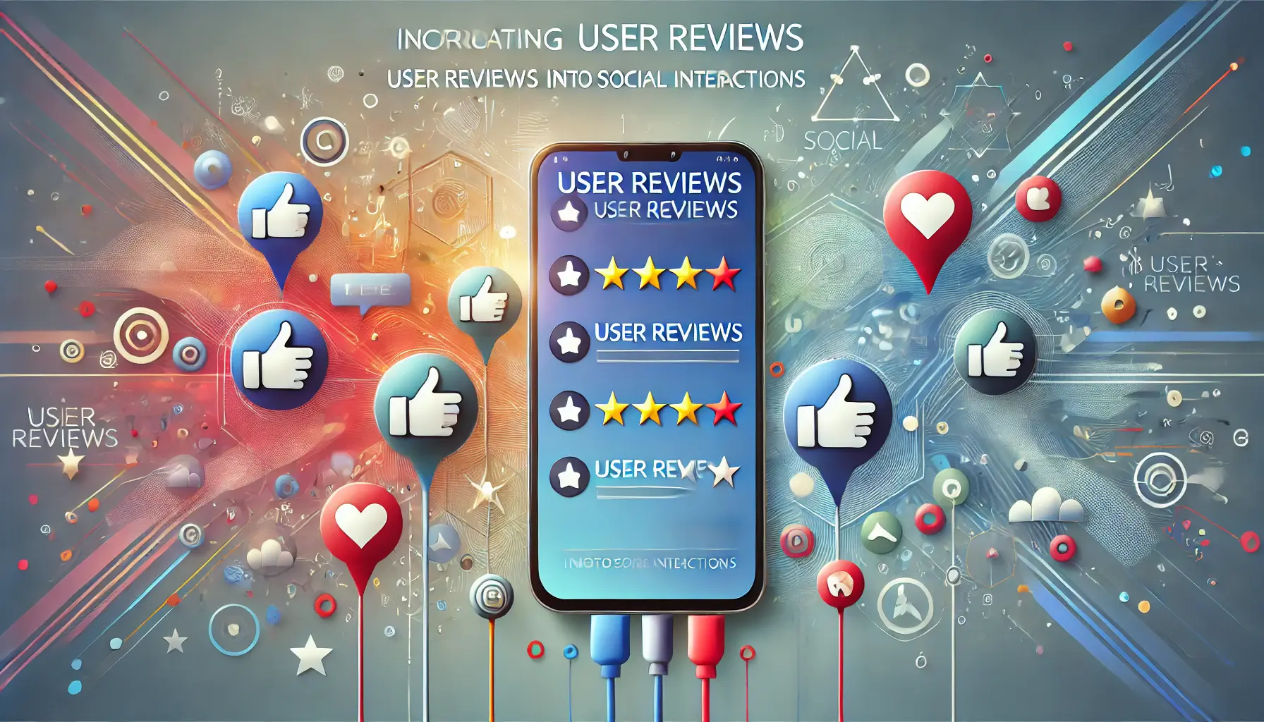 A smartphone displaying user reviews with social sharing elements like thumbs-up icons and chat bubbles, set against an abstract background symbolizing communication and community.