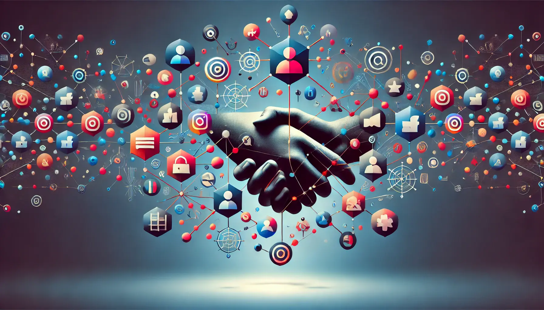 Abstract image representing influencer partnerships with interconnected networks, digital influencers, and collaboration imagery