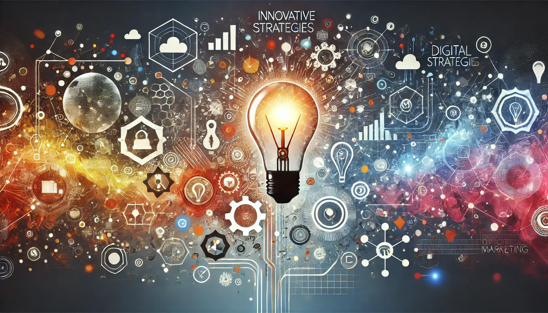 Abstract image representing innovation with light bulbs, digital pathways, and interconnected nodes