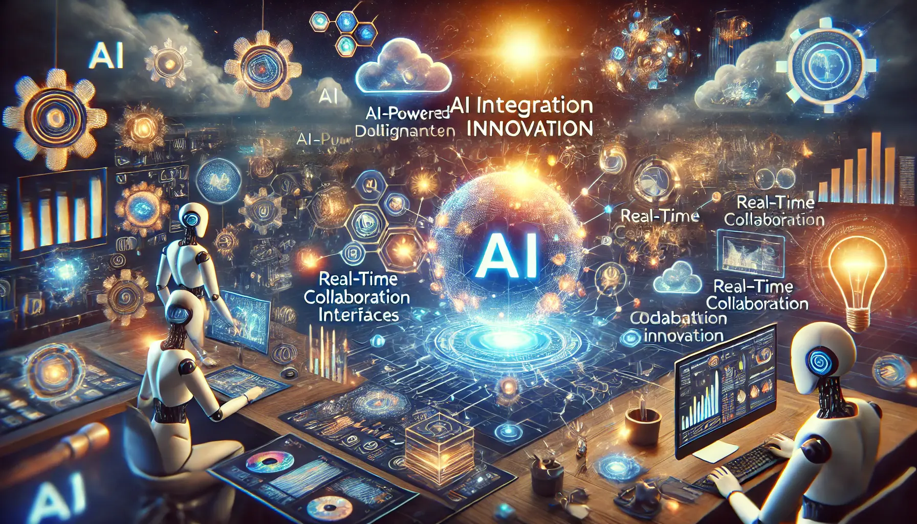 A scene depicting the integration of AI into design workflows, with AI-powered tools and human creativity coming together in a collaborative workspace.