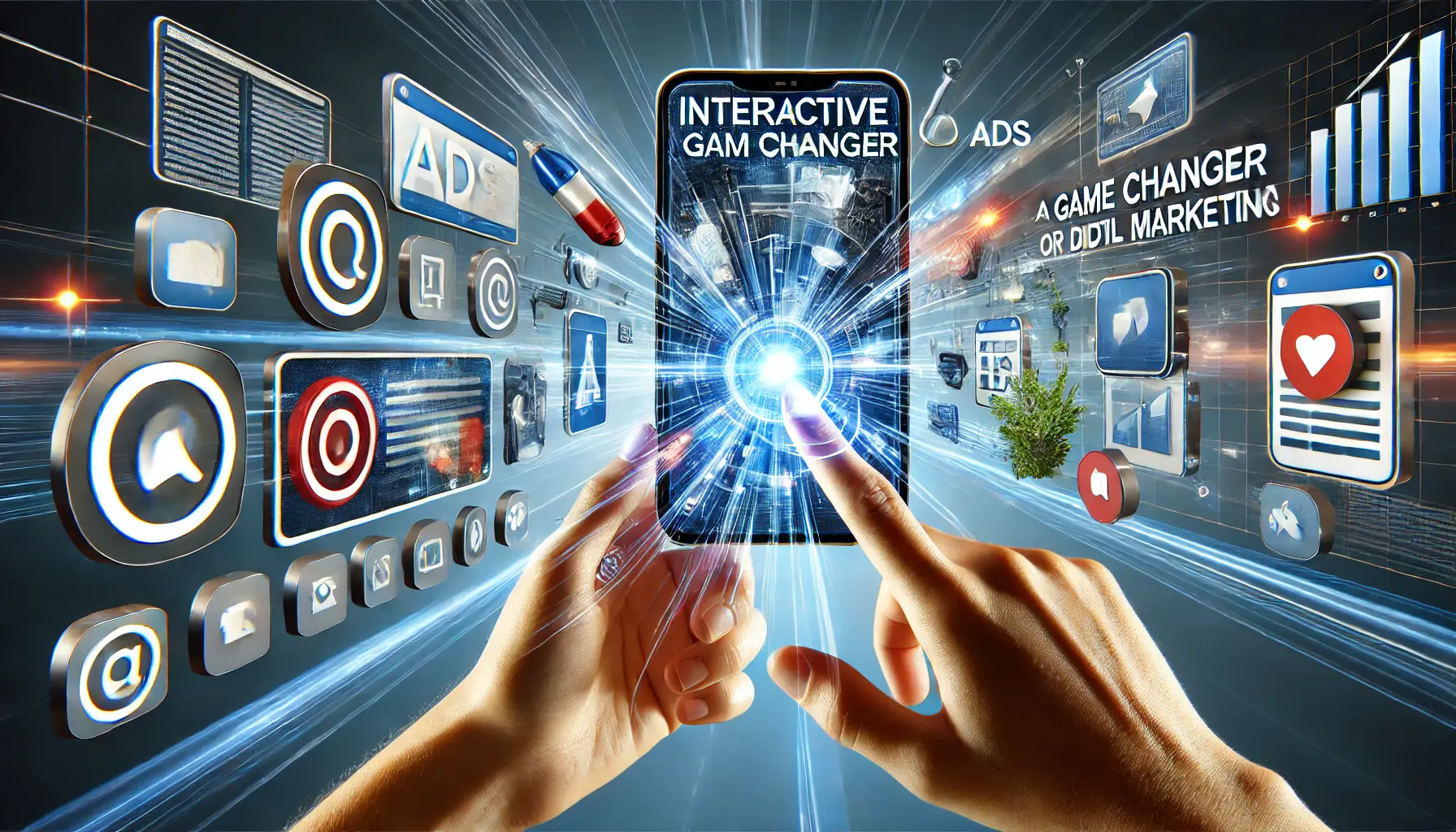 Abstract depiction of interactive ads in digital marketing, showing user engagement through swiping, tapping, and immersive ad experiences on mobile devices.