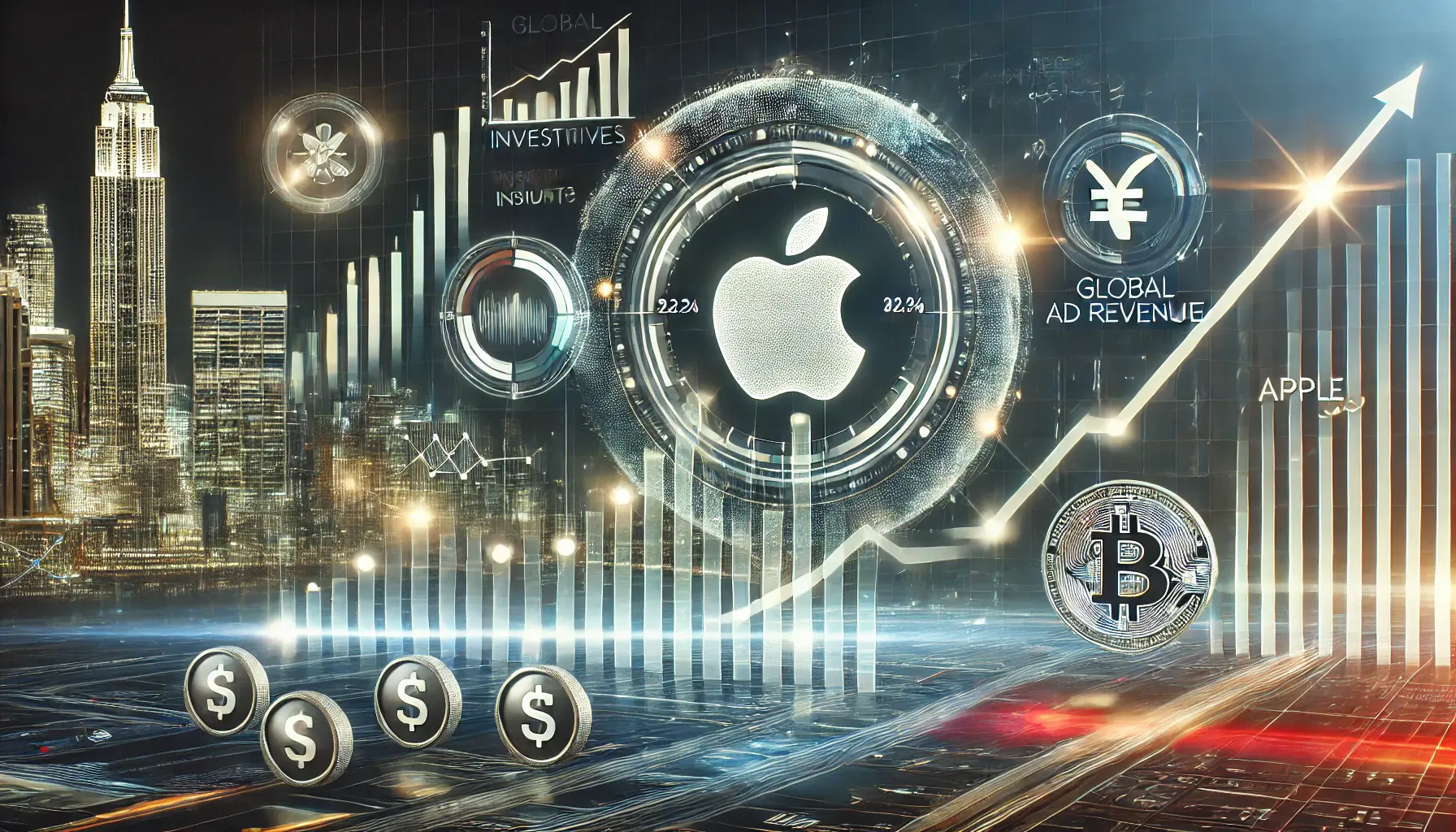 Sophisticated digital scene illustrating investor perspectives with rising graphs and financial symbols representing Apple's ad revenue growth.