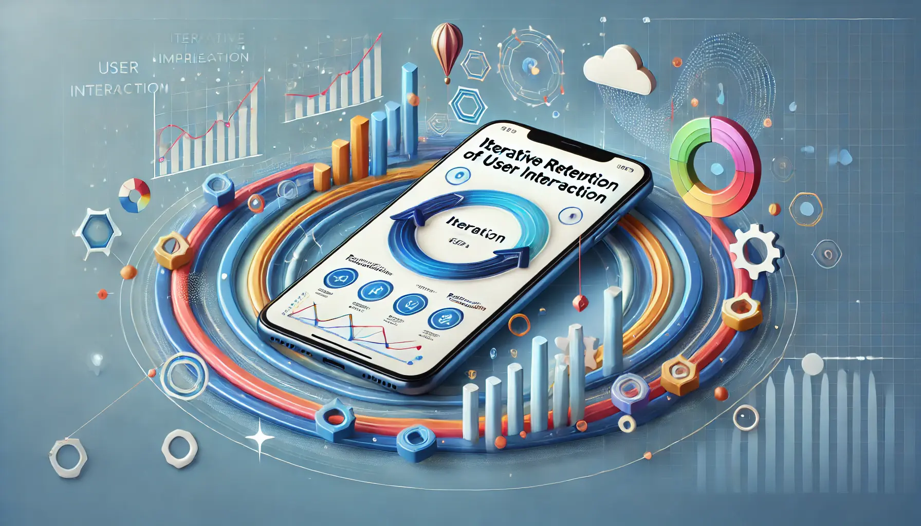 A smartphone displaying elements like retention graphs and iteration cycles, set against an abstract background symbolizing continuous improvement and user retention.