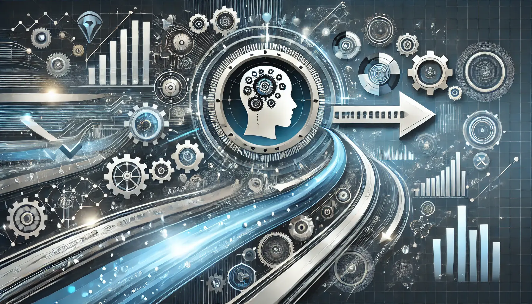 Digital illustration featuring futuristic AI systems, flowing data streams, and gears, symbolizing progress and adaptation to stay ahead of automation trends.