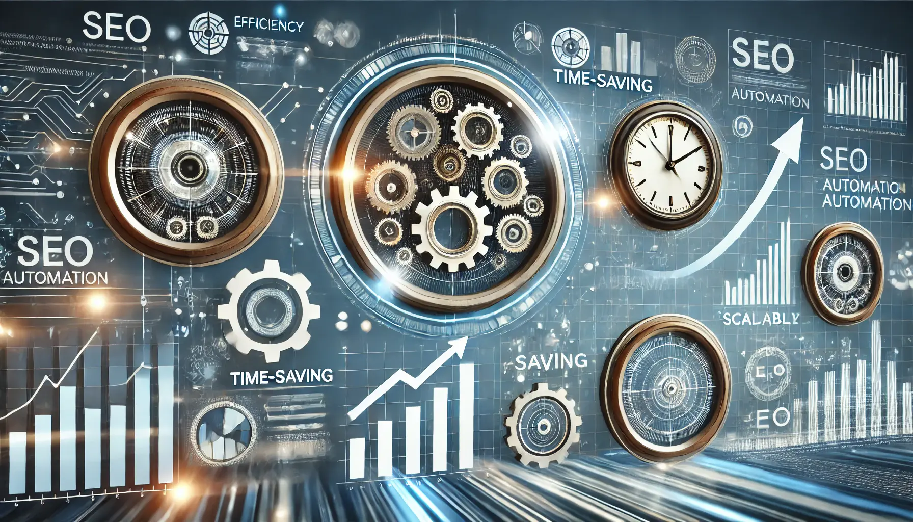 An image representing the key benefits of SEO automation with gears, charts, upward arrows, clocks, and graphs symbolizing efficiency, growth, and time-saving.