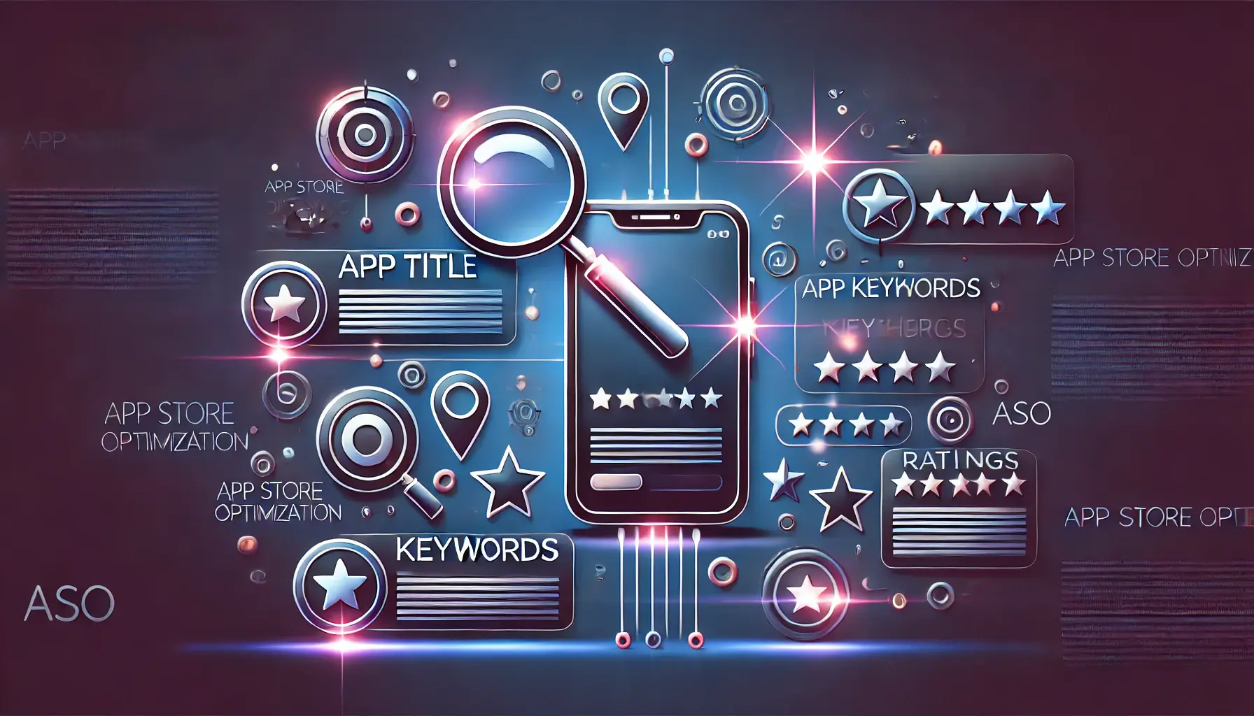 A modern visual representation of the key components for App Store Optimization, featuring a central smartphone with icons symbolizing elements like keywords, ratings, and reviews connected to the device.