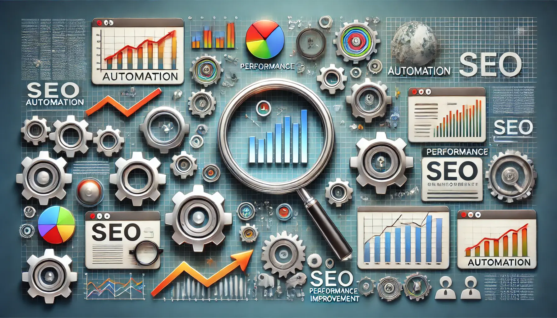 An image showing performance graphs, gears, magnifying glasses, and dashboards representing key metrics like traffic, rankings, and conversions in SEO automation.