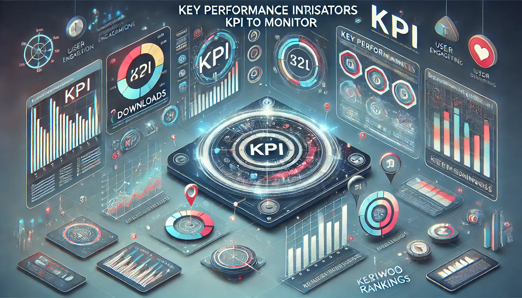 Illustration of tracking key performance indicators with a digital dashboard, graphs, and dials