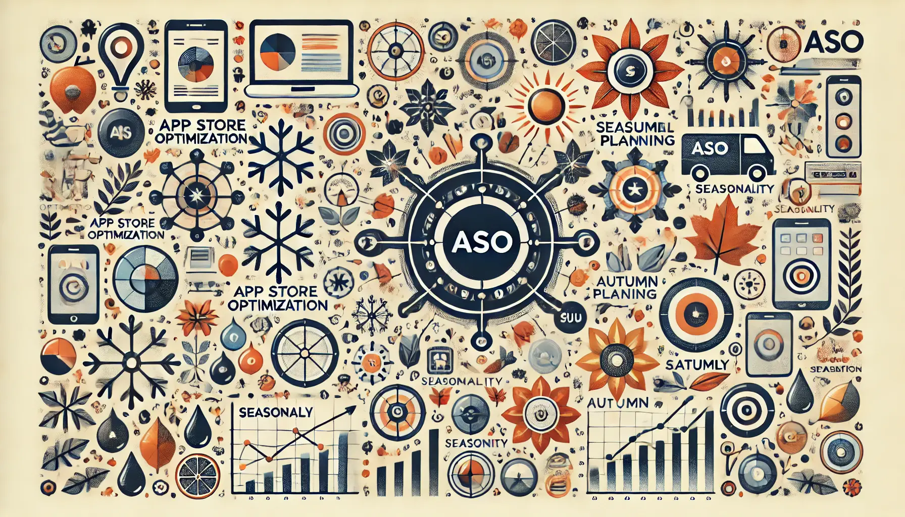 A summary of key ASO concepts with interconnected app icons, graphs, and seasonal symbols like snowflakes, flowers, sun, and autumn leaves, all arranged in a cohesive design.