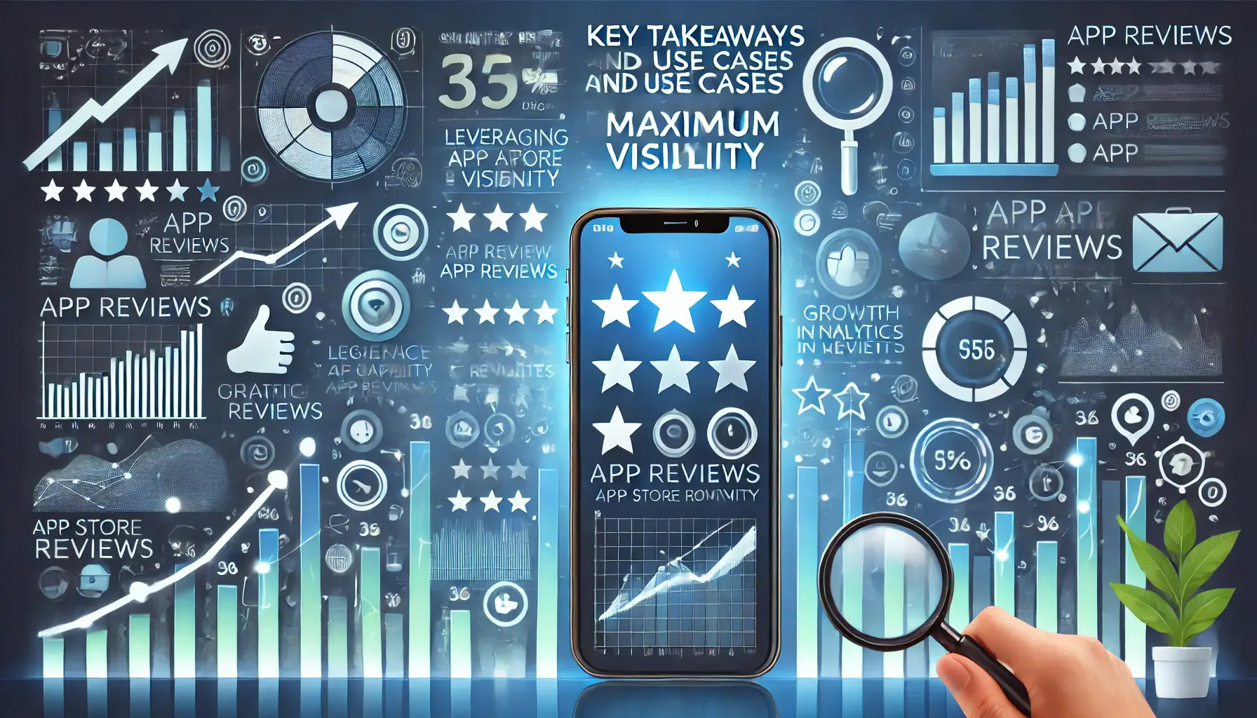 A mobile app with review icons like stars and thumbs up, alongside analytics graphs and charts highlighting growth in visibility and app rankings, with upward arrows and magnifying glasses.