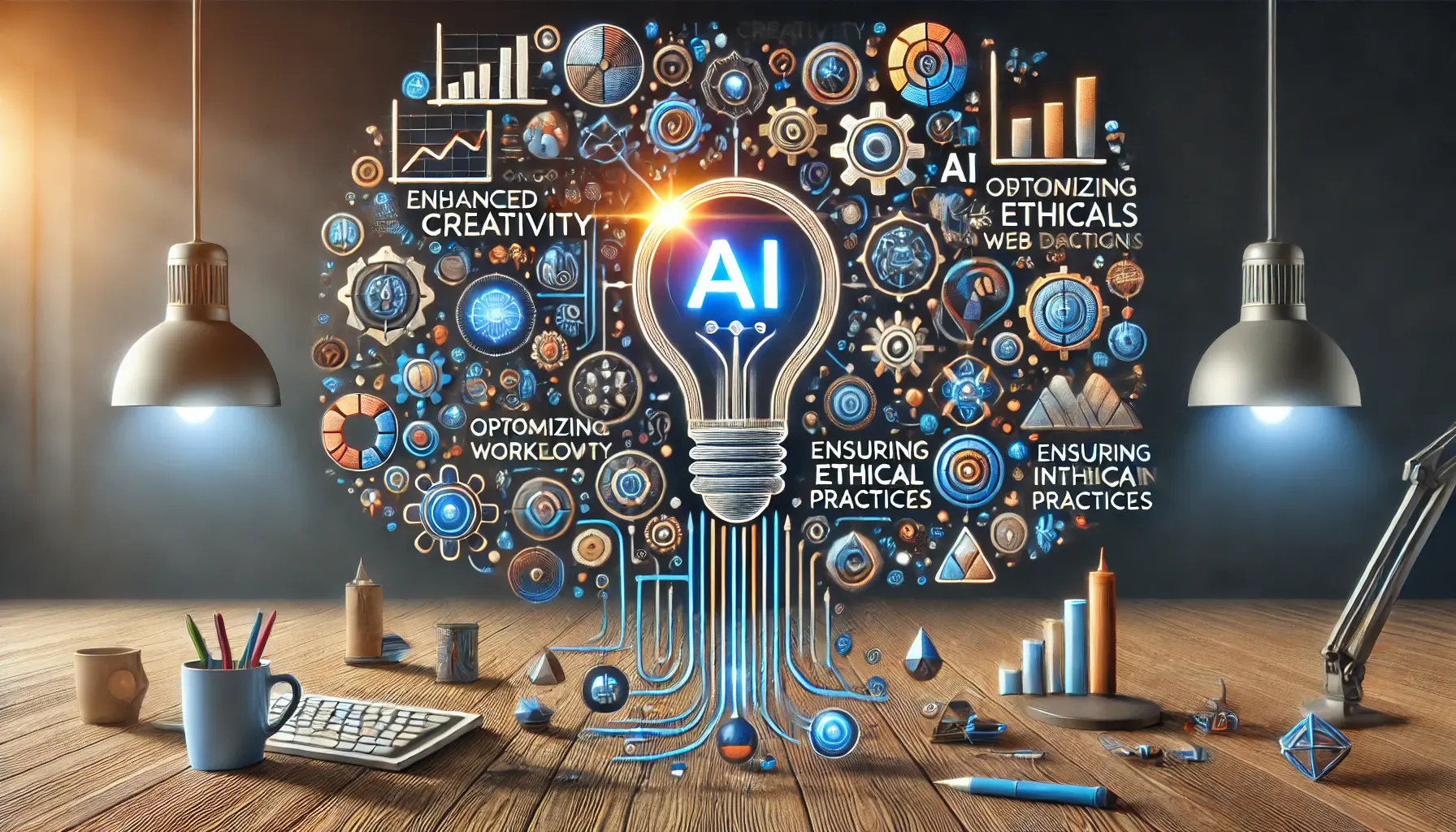 A scene summarizing the key concepts of AI-driven web design, including enhancing creativity, optimizing workflows, and ensuring ethical practices.