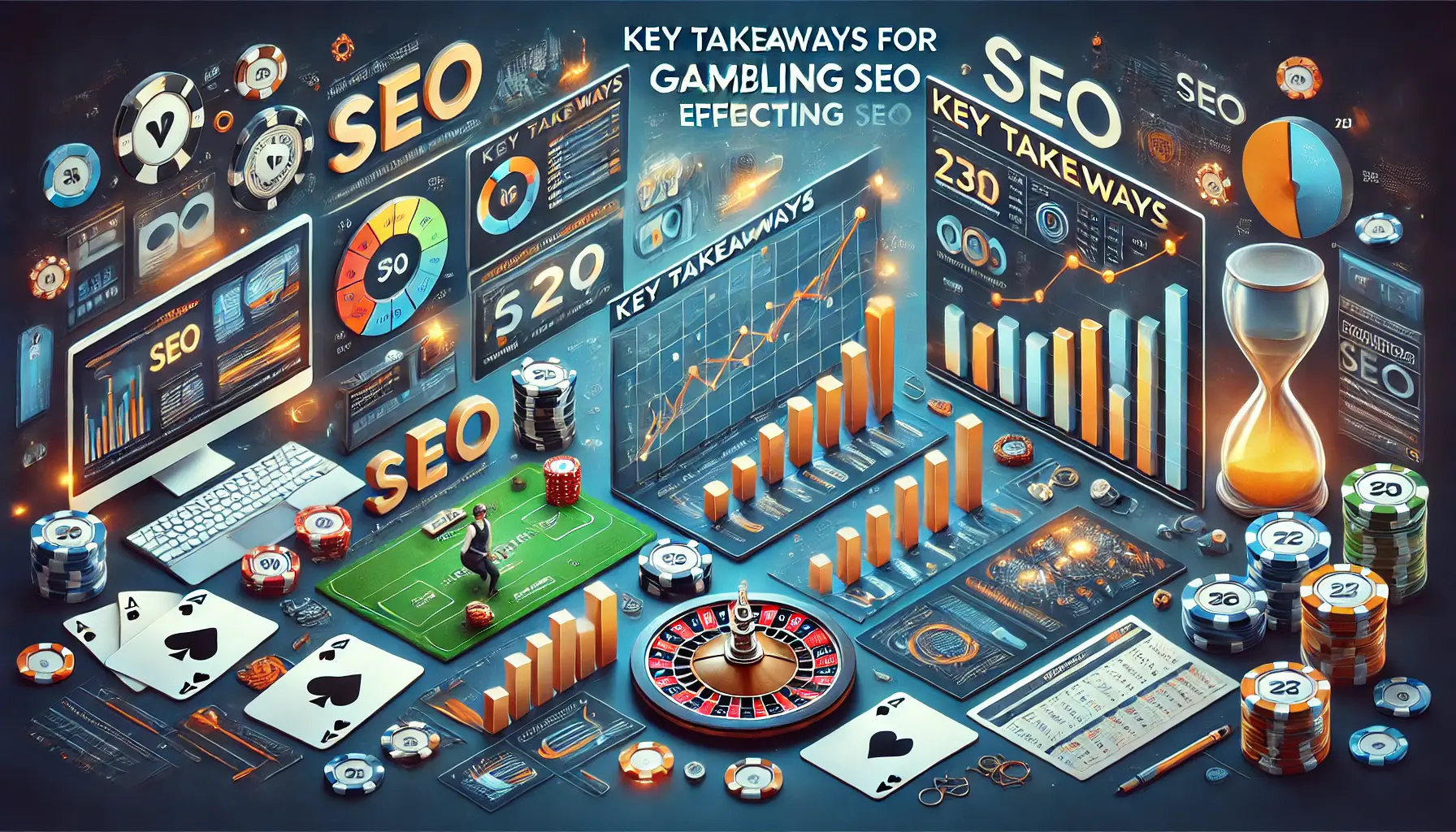 An image showing a digital marketing dashboard with SEO tools and performance graphs, combined with subtle casino elements like poker chips and roulette.